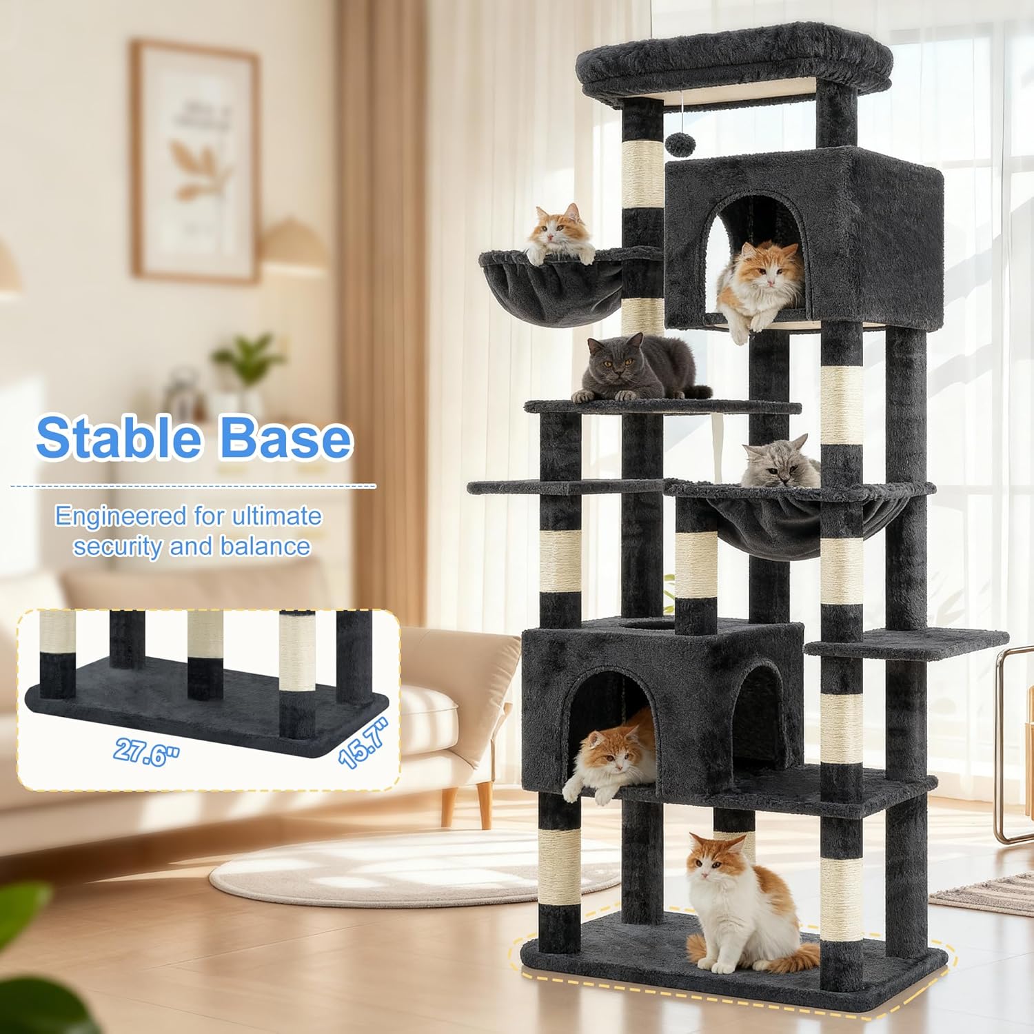 Heybly Cat Tree, 76-Inch Tall Heavy Duty Cat Tower for Big Cats with Extra Wide Baseboard, Multi-Level Large Cat Furniture with 2 Condos & 2 Hammocks, 10 Scratching Posts, Smoky Gray HCT039G - Happypetzone.online - Image 7