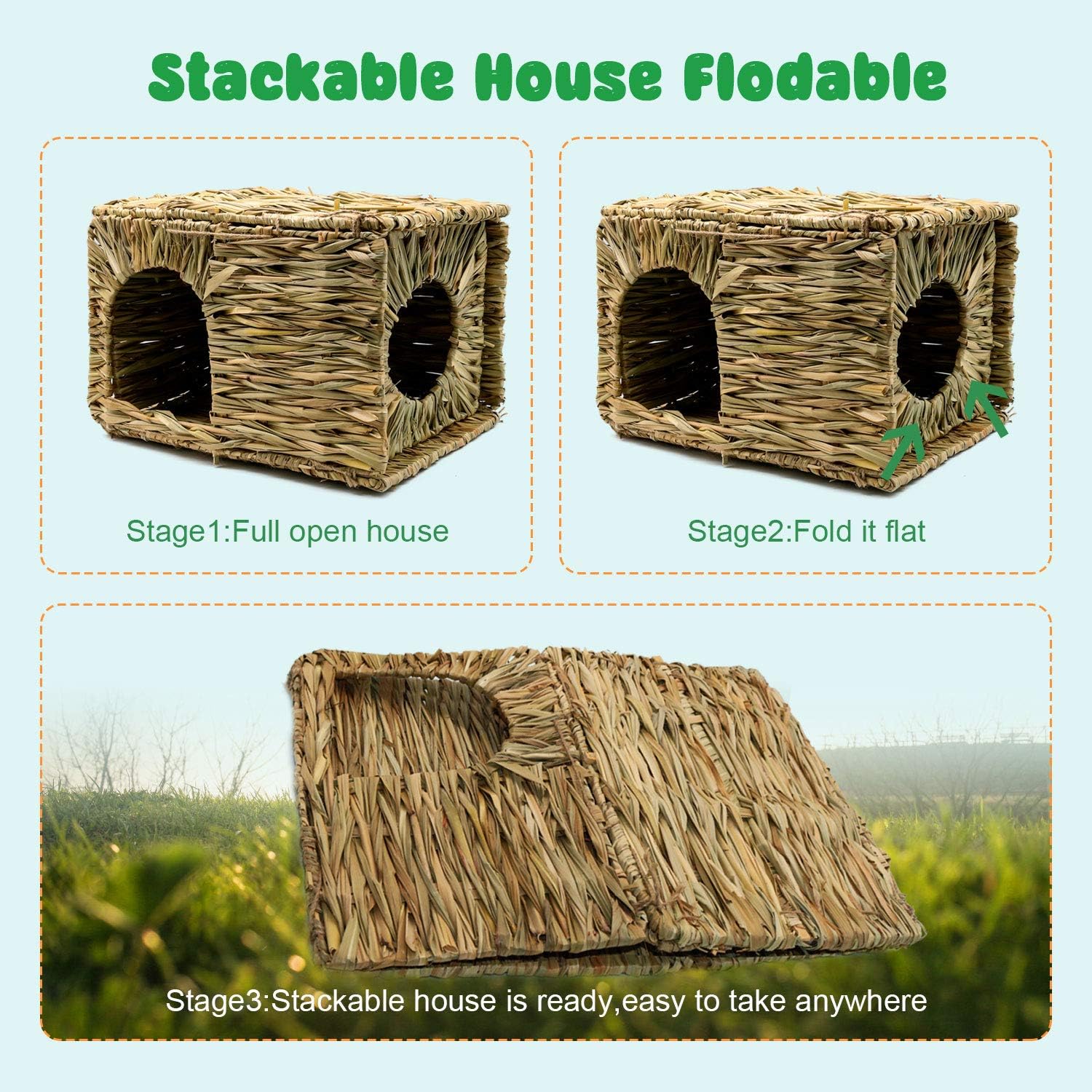 BWOGUE Extra Large Grass House for Rabbits,Hand Crafted Natural Grass Hideaway Foldable Bed Hut with Openings Playhouse for Bunny Guinea Pig Chinchilla Ferret for Play and Sleep - Happypetzone.online - Image 5