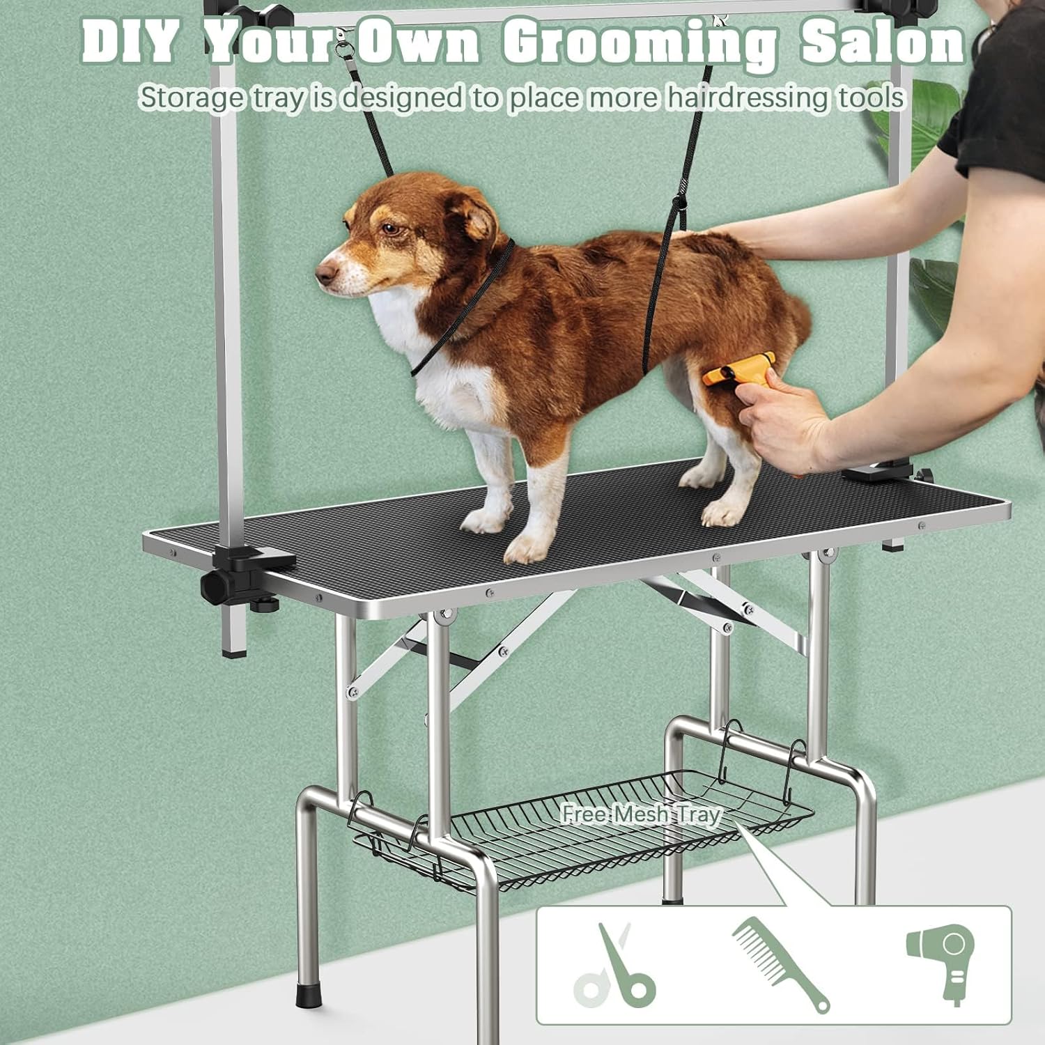 Dog Grooming Table, Adjustable Large Pet Drying Desktop, Foldable Bathing Desk with Arms, Noose, Mesh Tray, Maximum Capacity Up to 330Lb, 42in, Black - Happypetzone.online - Image 7
