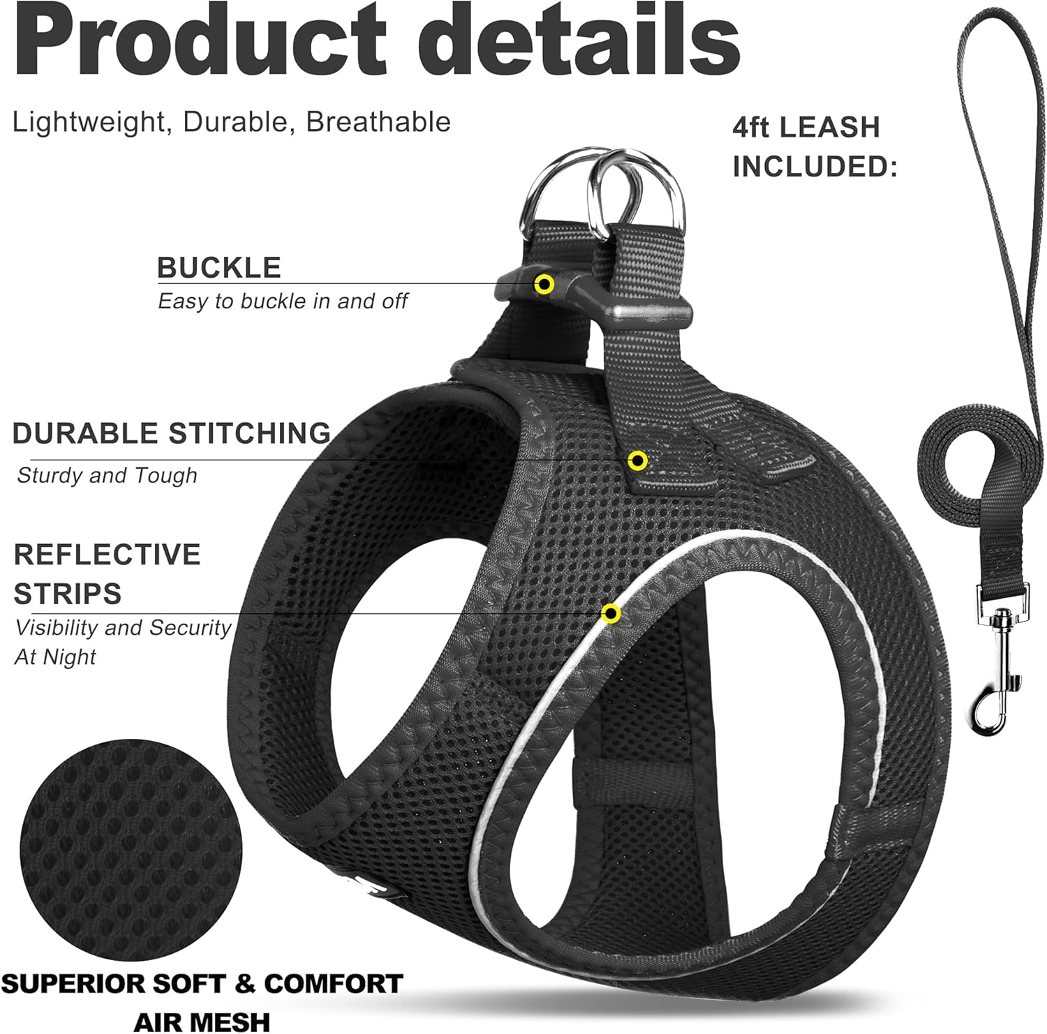 Fida Cat Harness and Leash Set for Walking Kitten and Puppy, Escape Proof Kitten Harness with Breathable Lightweight Soft Mesh, Adjustable Reflective Step-in Design for Kitten and Puppy.(XXXS, Black) - Happypetzone.online - Image 2