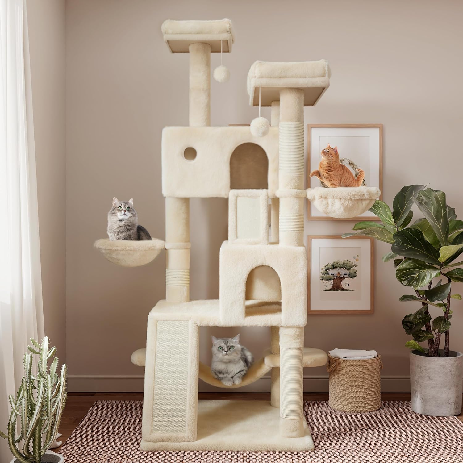 SHA CERLIN 65in Larger Cat Tree Tower Condo for Indoor Kitties/Multi-Level Furniture Activity Center with Wide Base/Cozy Plush Cat Perches/Baskets/Sisal Scratching Posts and Hammock/Beige - Happypetzone.online - Image 2