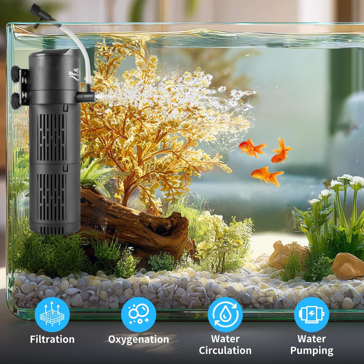 Aquarium Filter, Fish Tank Filter 4-in-1 for 30-80 Gallon Tanks, Submersible Internal Filter with Wave-Maker, Oxygenation & Adjustable Air Flow for Freshwater/Saltwater/Turtle Tanks (12W) - Happypetzone.online - Image 3