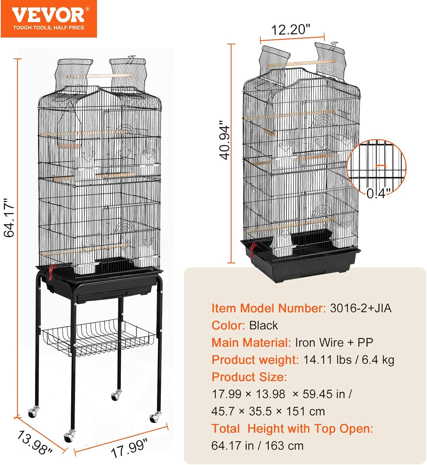 VEVOR 64-inch Open Top Large Parrot Bird Cage with Detachable Rolling Stand for Parakeets Finches Canaries Lovebirds Cockatiels Budgies Small Quaker Conures Flight Birdcage with Swing and Perch - Happypetzone.online - Image 7