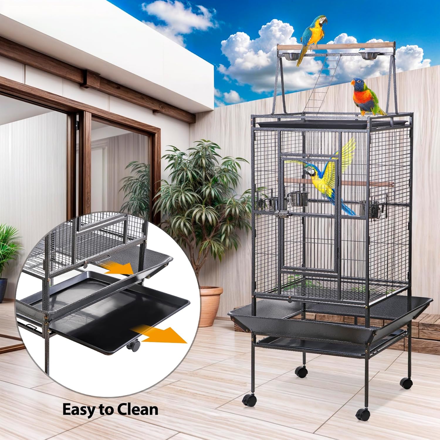 HSM 68 Inch Wrought Iron Large Bird Flight Cage with Rolling Stand for African Grey Parrot Cockatiel Sun Parakeet Conure Lovebird - Happypetzone.online - Image 5