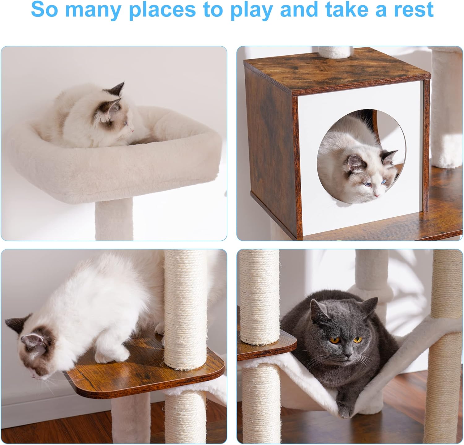 Hey-brother Wooden Cat Tree, 66.1“ Cat Furniture with Scratching Posts, Modern Cat Tower with hammocks, Toys, cat condo, Rustic Brown MPJ120SR - Happypetzone.online - Image 6