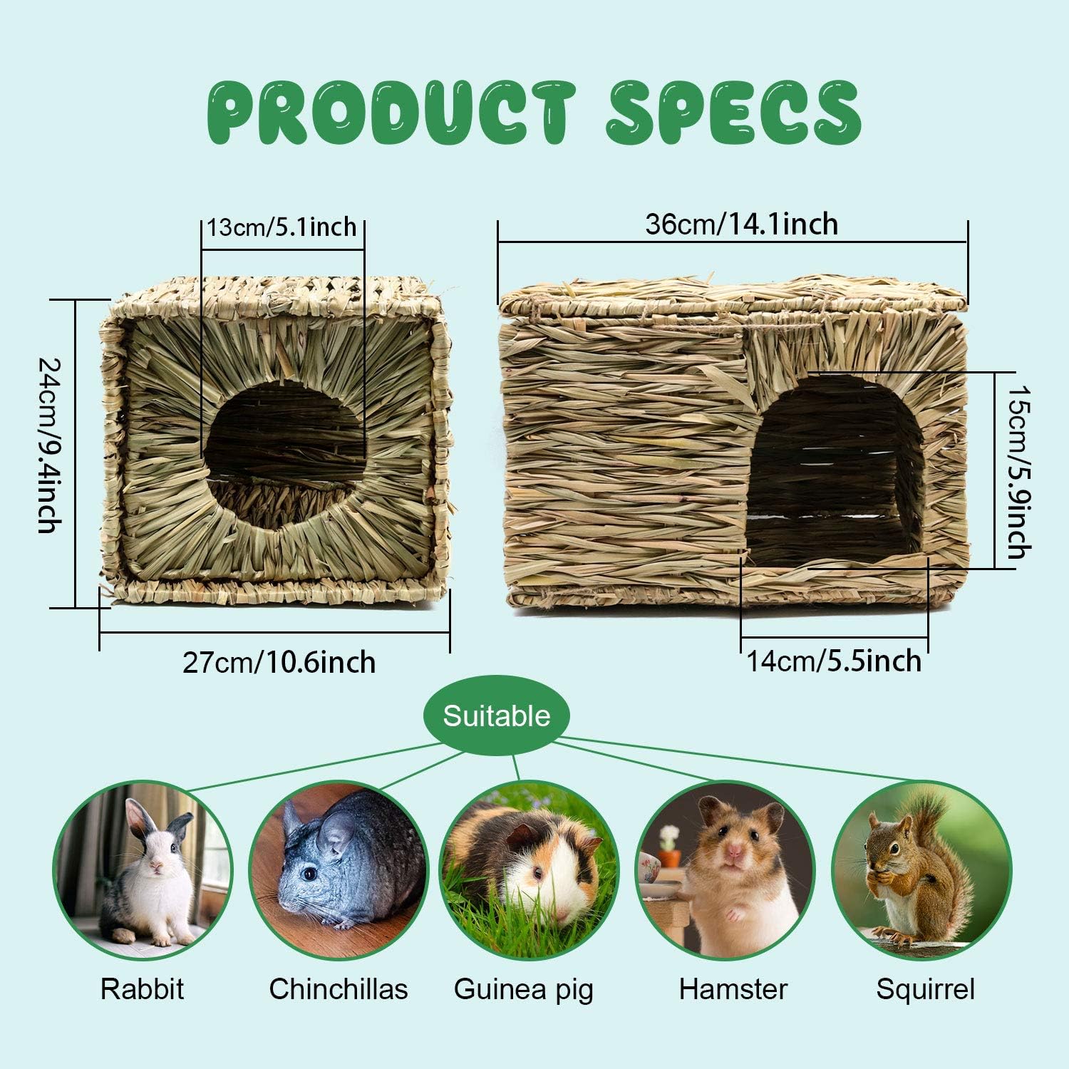 BWOGUE Extra Large Grass House for Rabbits,Hand Crafted Natural Grass Hideaway Foldable Bed Hut with Openings Playhouse for Bunny Guinea Pig Chinchilla Ferret for Play and Sleep - Happypetzone.online - Image 2