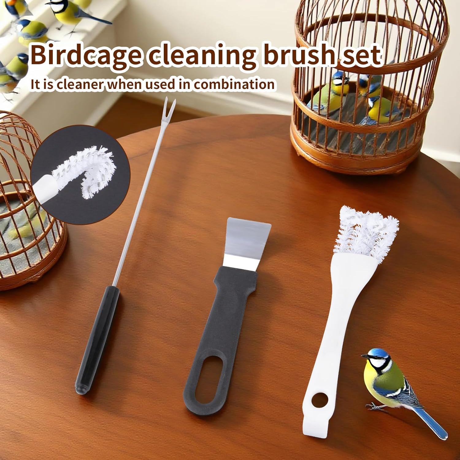 Bird Cage Cleaner Brush Kit, Bird Cage Cleaning Brush Tool Set, Bird Cage Cleaning Brush with Long Handle, Bird Cage Accessories,Poop Remover for Cleaning Poop in Pet Cages,Parrot Cages & Bird Perches - Happypetzone.online - Image 4