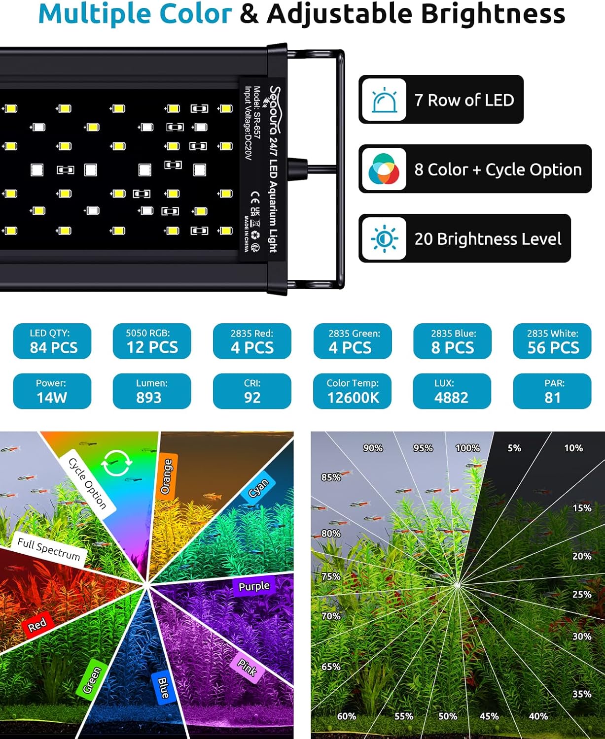 SEAOURA LED Aquarium Light, 24/7 Custom Timer, Power-Off Memory,7-Row LED 12-18in Full Spectrum Fish Tank Light, 8 Colors, 20 Brightness, Day&Night Cycle, Adjustable Mount for Freshwater Plant Growth - Happypetzone.online - Image 4
