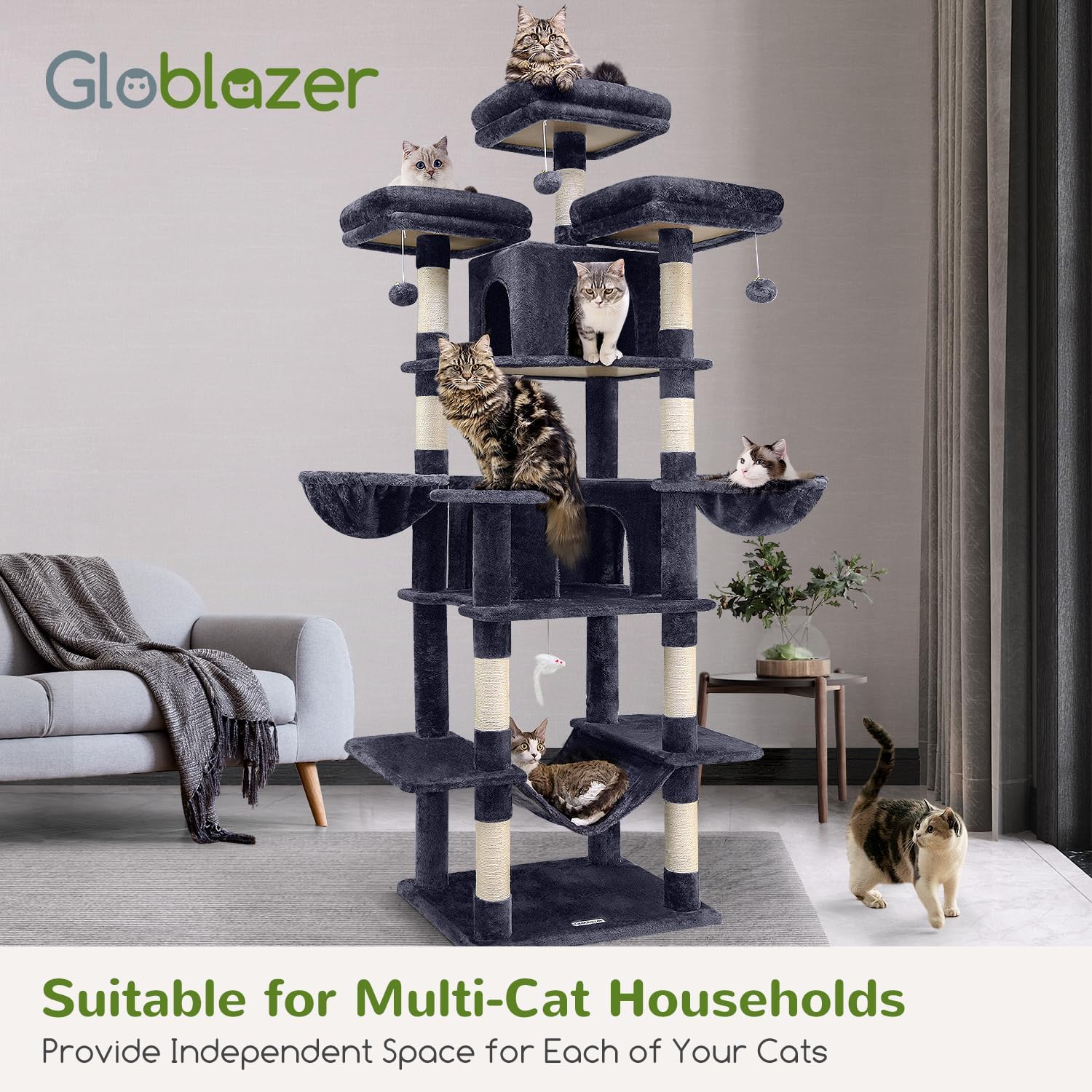 Globlazer Big Cat Tower for Indoor Cats, 80inch Cat Tower for Multiple Adult Cats XXL Cat Tree with Scratching Post, Hammock, 3 Perches, 2 Condos, 2 Hanging Basket, F80, Dark Grey - Happypetzone.online - Image 7