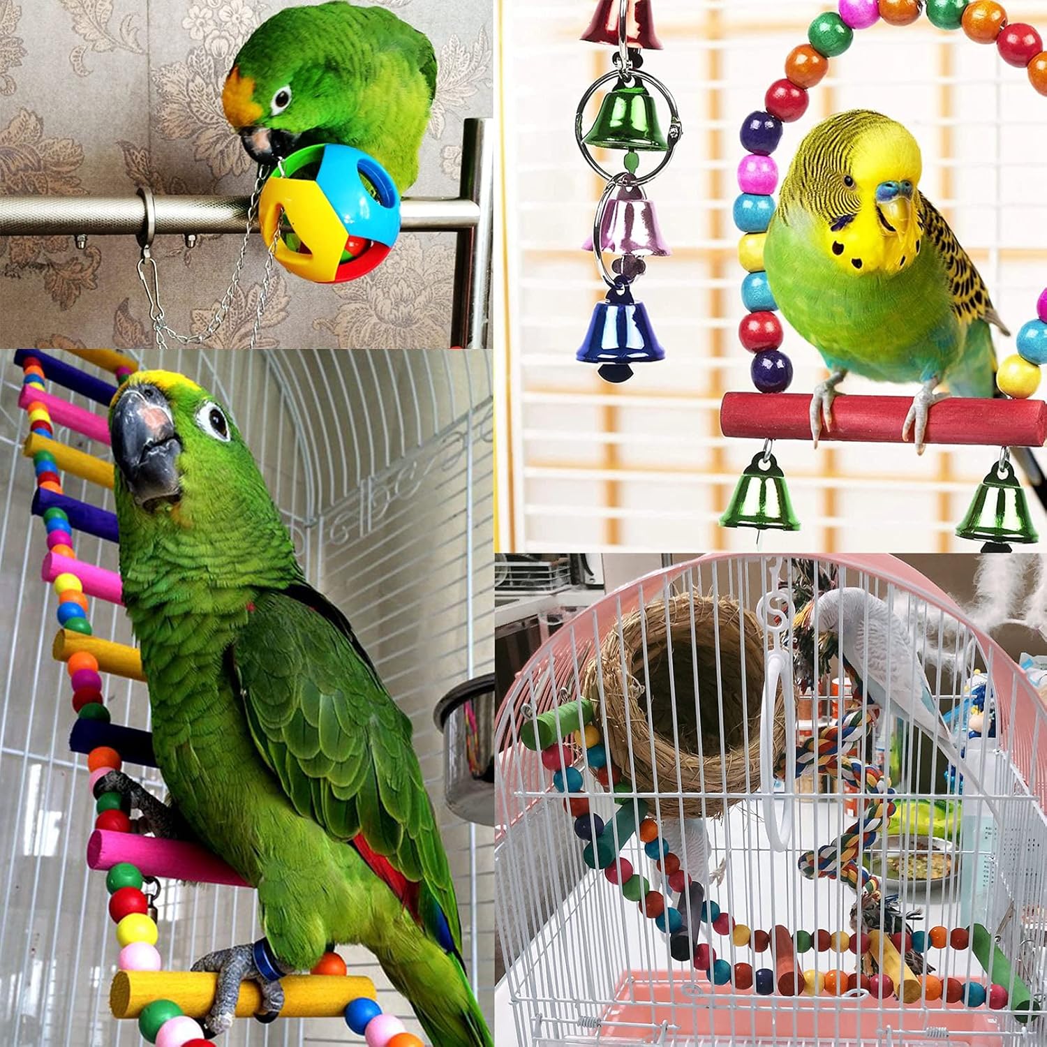 Hamiledyi Bird Parrot Swing Chewing Toy Set 15PCS Wooden Hanging Bell with Hammock Climbing Ladders Colorful Pet Birds Cage Toys for Small Parakeet Cockatiel Finches Conures Budgie Macaws Love Birds - Happypetzone.online - Image 5