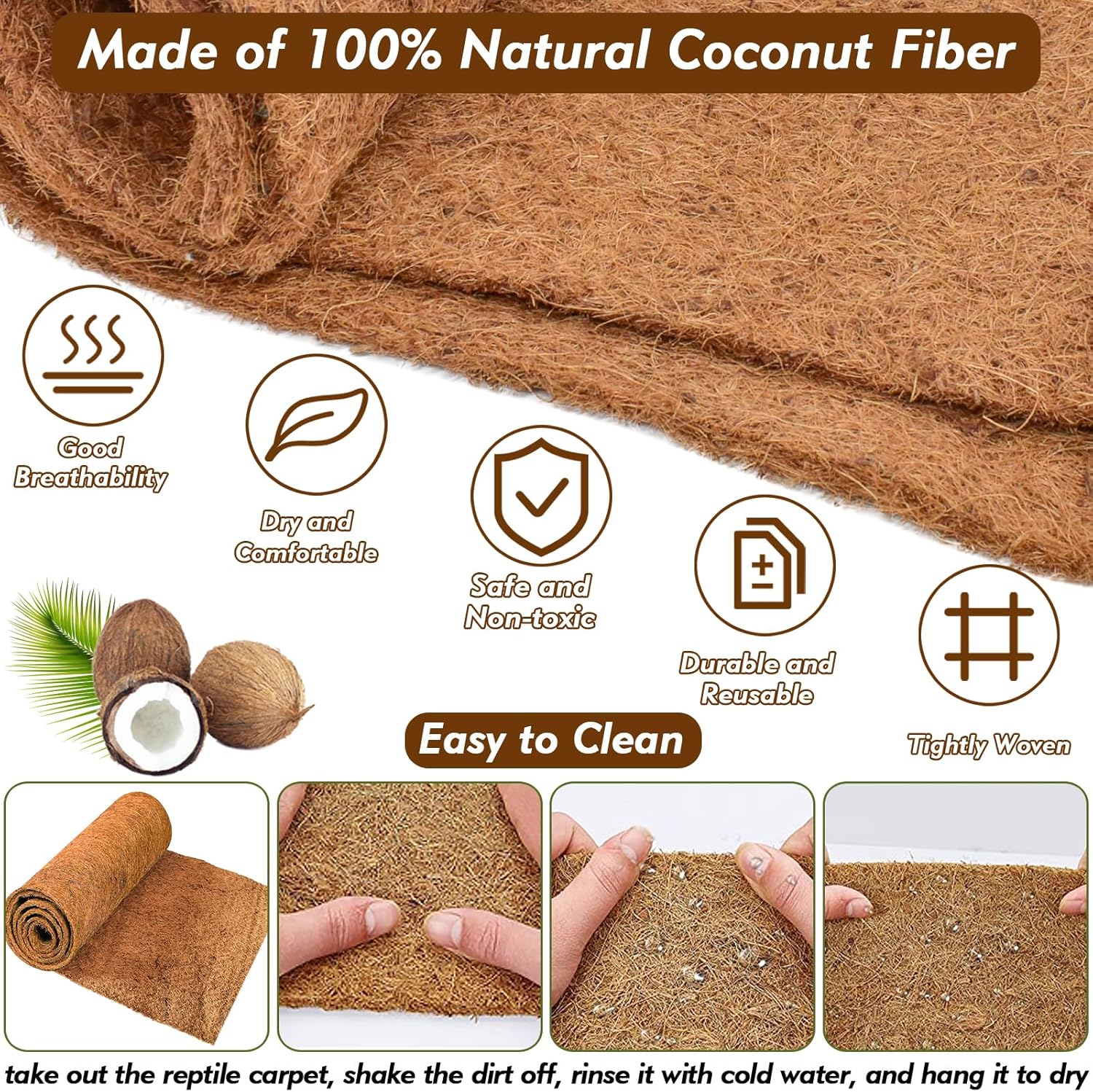 ZeeDix 3 Rolls Reptile Carpet, 24 x 48 inches Natural Coconut Fiber Liner Mat Flooring Accessories for Reptile Tank - Bearded Dragon Tortoise Lizard Turtle Snake Leopard Gecko Substrate Bedding - Happypetzone.online - Image 4