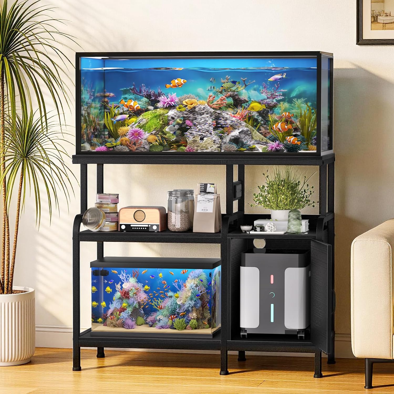 40 Gallon Fish Tank Stand with Power Outlet, Heavy Duty 3-Tier Aquarium Stand,Reptile Terrarium Stand with Storage Cabinet, 36.8"×18.5" Metal Sturdy Steel Frame, 750lbs Capacity, Black - Happypetzone.online - Image 2