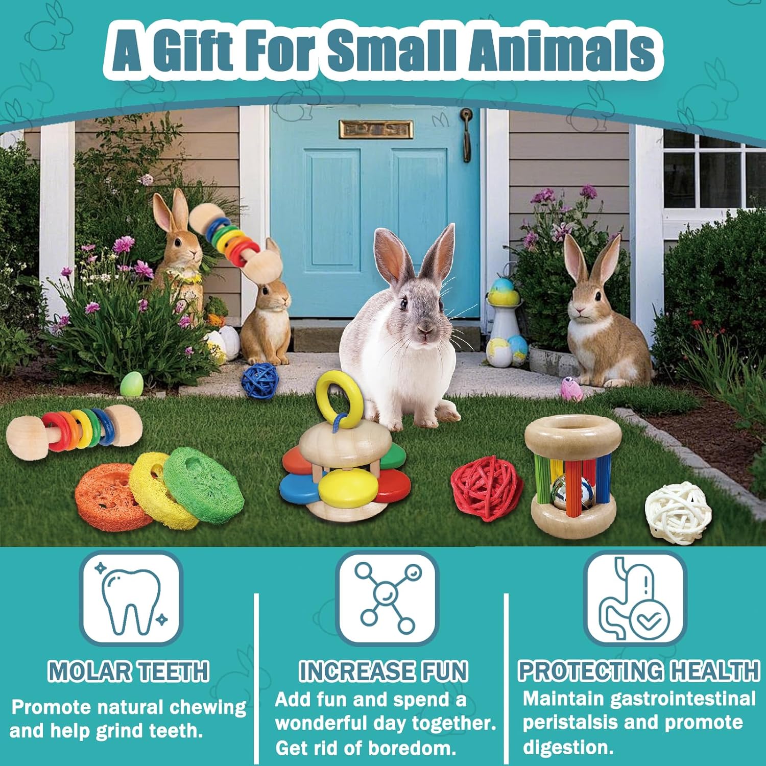 QWR 9PCS Wooden Bunny Toys,Safe Rabbit & Guinea Pigs Teeth Grinding Toy for Chinchillas, Hamsters & Small Animals - Indoor & Outdoor - Happypetzone.online - Image 5