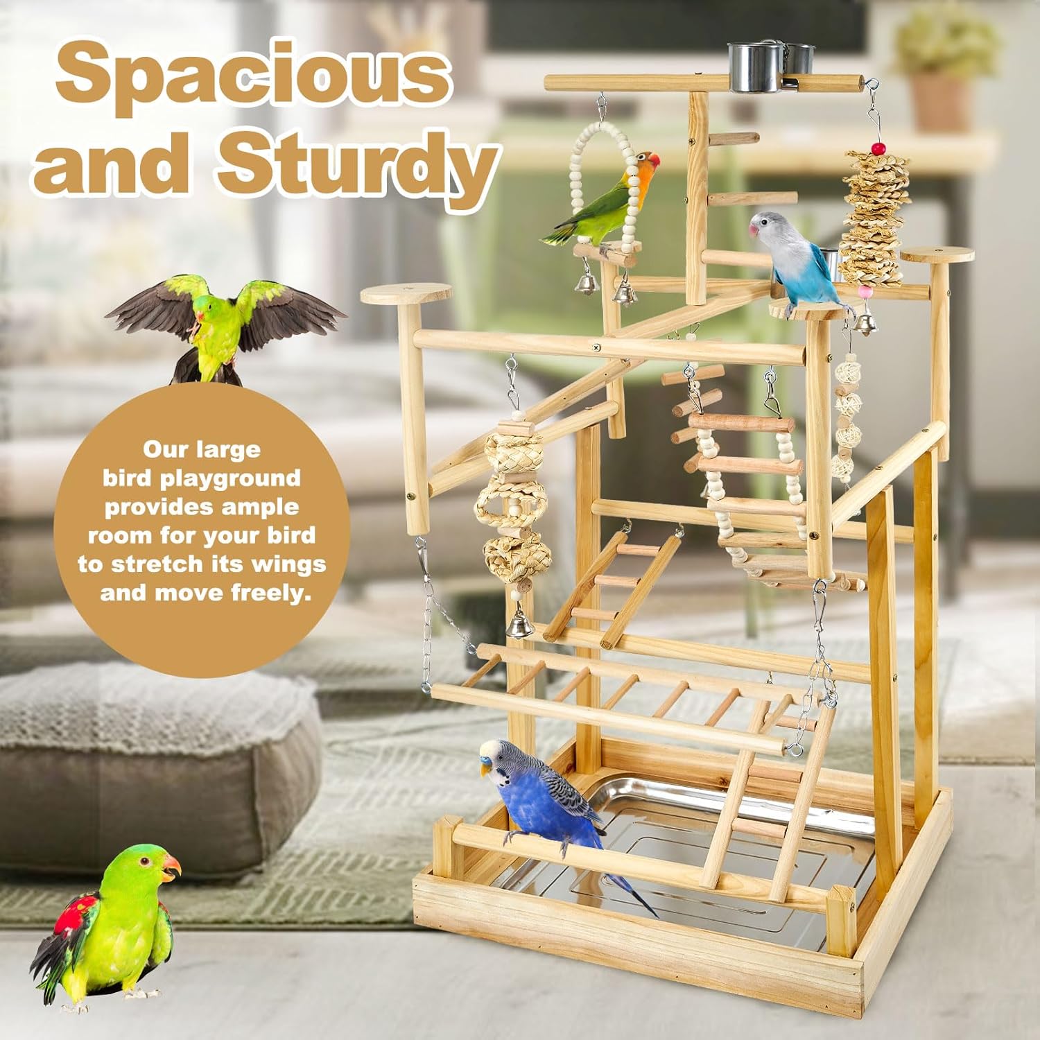 LIMIO Bird Playground - Natural Wood Parrot Playstand with Perches, Bird Play Gym & Accessories, Removable Tray & 4 Stainless Steel Cups - Happypetzone.online - Image 7