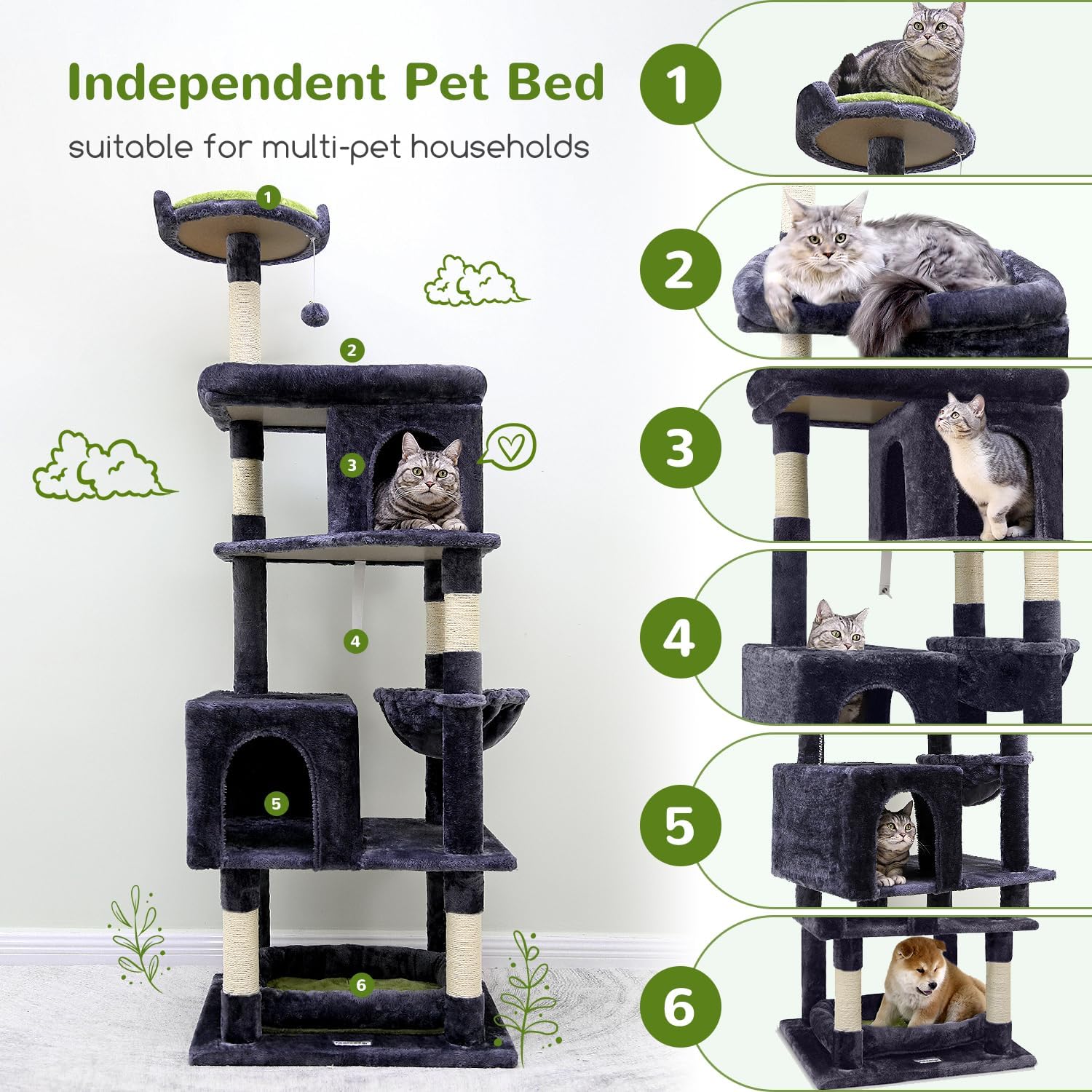 Globlazer Heavy Duty Cat Trees for Large Cats, Sturdy 72in Maine Coon Cat Tree for Large Cats 20 lbs+ Heavy Duty Cat Tower for Adult Biggest Cat with 6 Scratching Posts, Hammock, S72, Dark Gray - Happypetzone.online - Image 2