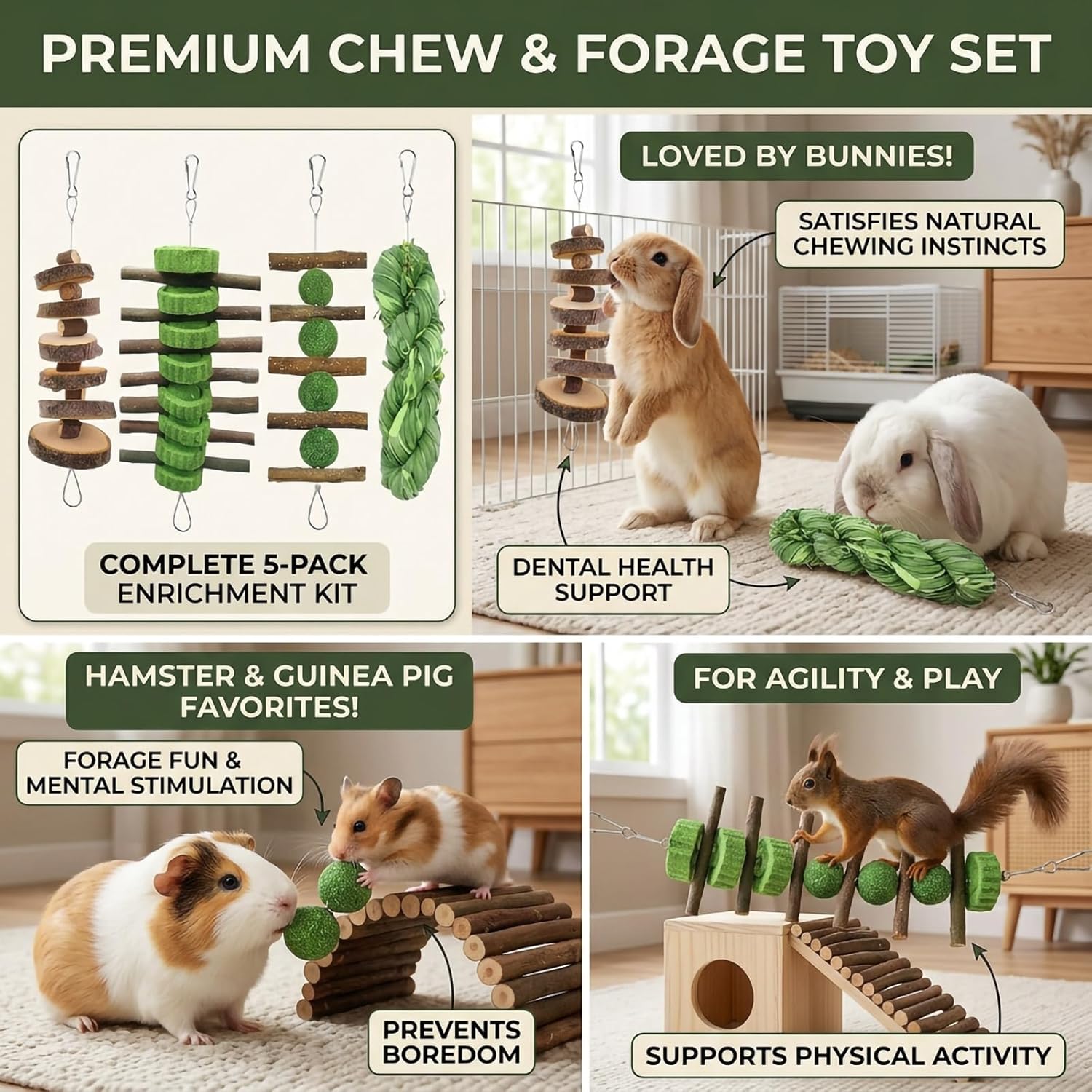 5pcs Rabbit Toys,Bunny Chew Treat for Teeth Grinding,Hanging Timothy Hay Ball +Apple Stick Wood +Alfalfa Grass Cake Food Snack for Cage Guinea Pig Chinchilla Hamster Squirrel Gerbil Rat Parrot - Happypetzone.online - Image 5