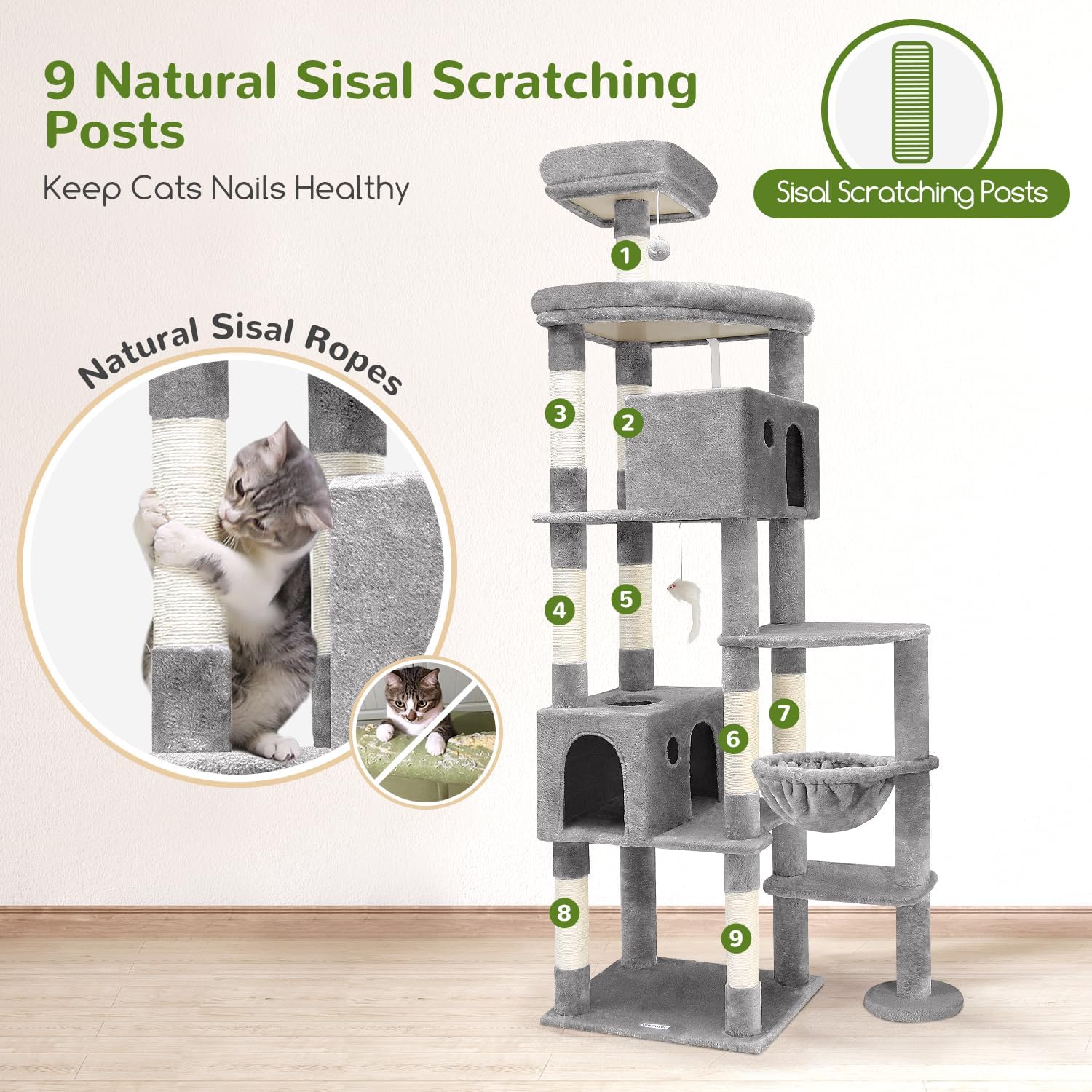 Globlazer Giant Cat Tree, 83 inch Cat Tree for Indoor Cats Large Adult, XXL Cat Tower with 9 Scratching Posts for 20lb+ Heavy Duty Large Adult Cats, F83, Light Grey - Happypetzone.online - Image 4
