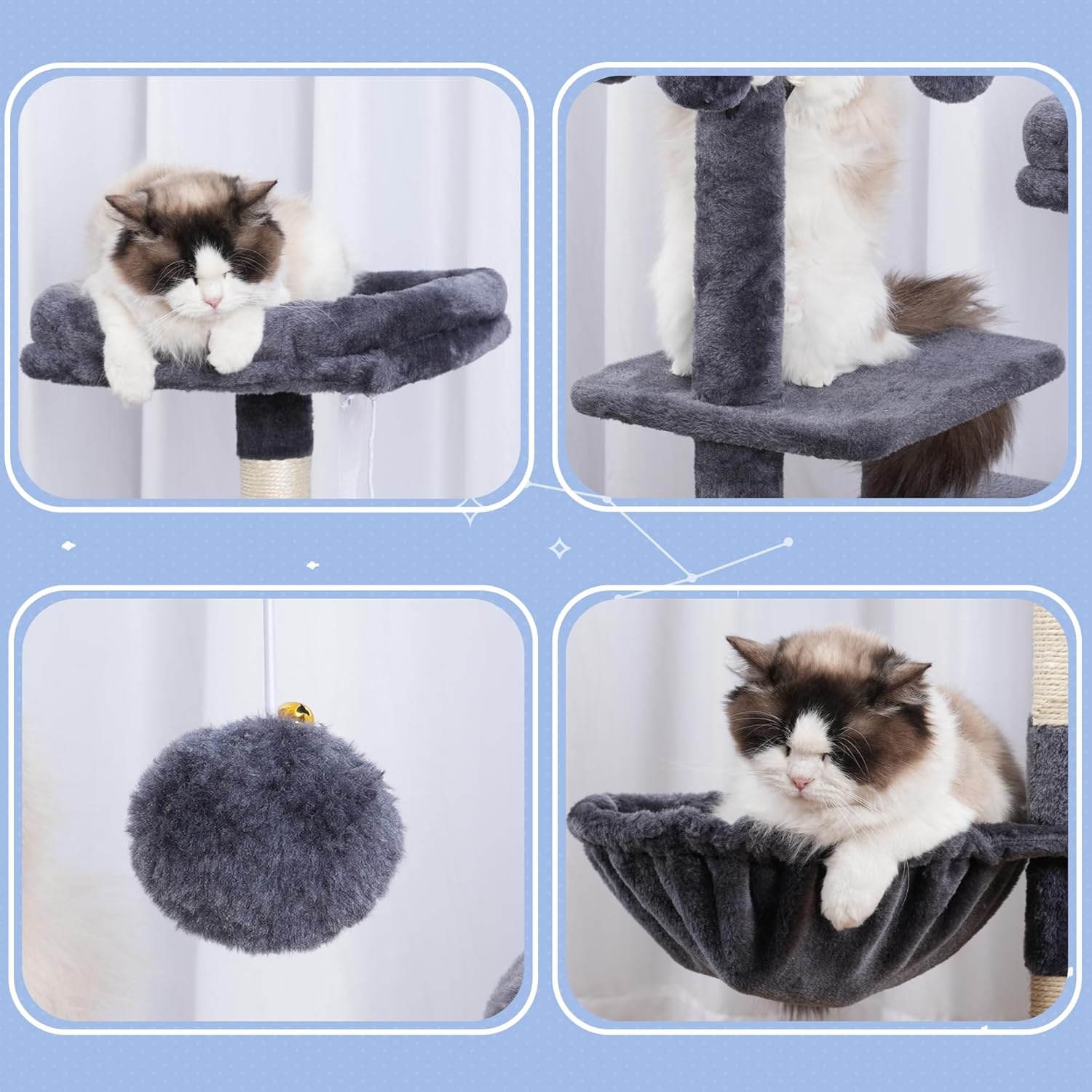 Hey-brother Cat Tree Tower, Scratching Posts with Removable Toys, Cozy Condo, Platform, Hammock, Sisal Scratch Board and Ball for Indoor Kittens, 41.3 Inches, Smoky Gray MPJ008SG - Happypetzone.online - Image 8