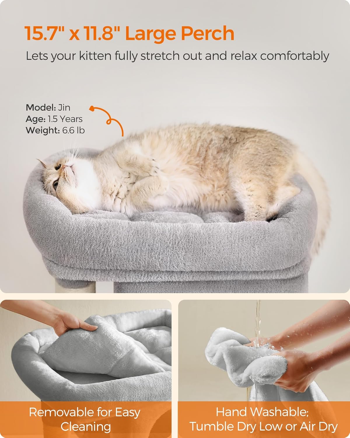 Feandrea Cat Tree, 26.4-Inch Cat Tower, Plush Condo for Kittens up to 7 lb, Large Perch, 2 Caves, Scratching Post, Light Gray UPCT611W01 - Happypetzone.online - Image 3