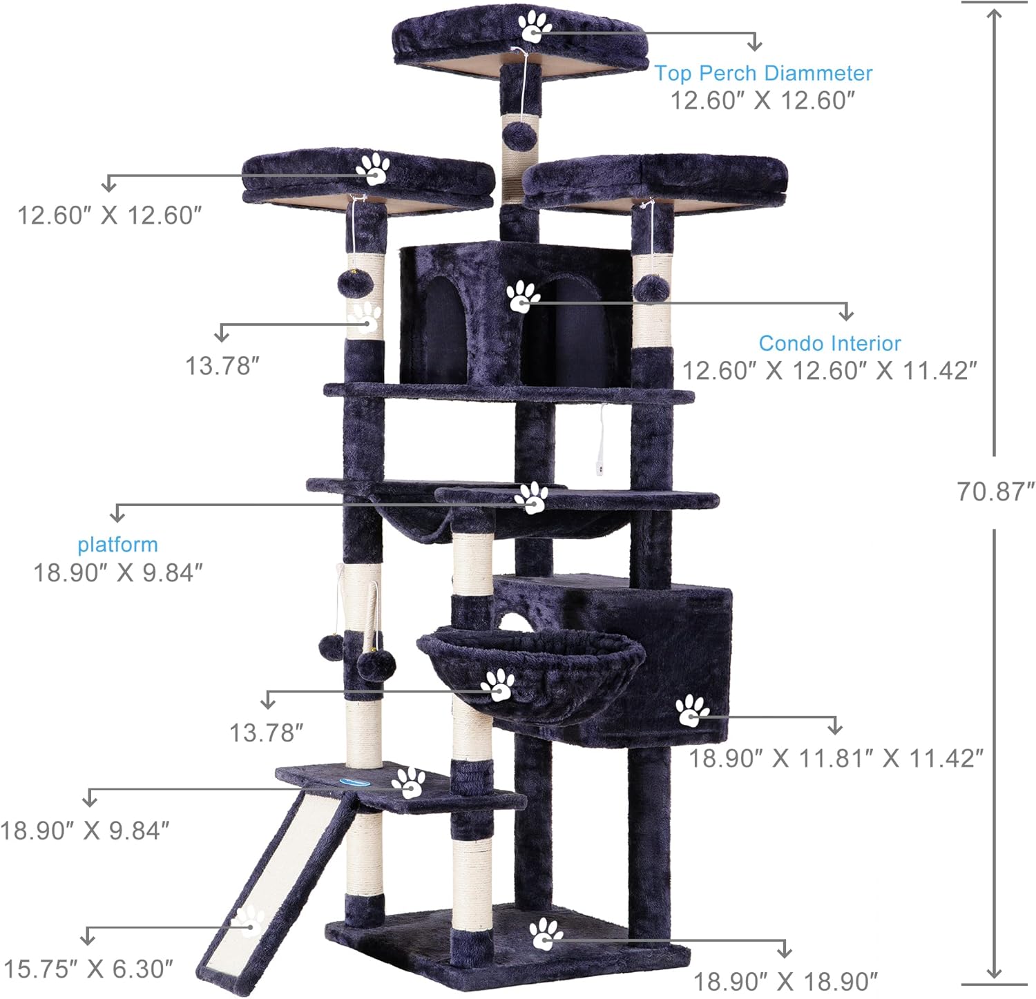 Hey-brother Cat Tree, 71 inches XL Large Cat Tower for Indoor Cats, Multi-Level Cat House with 3 Padded Perches, Big Scratcher, Cozy Basket, 2 Cat Condos and Scratching Posts, Smoky Gray MPJ034G - Happypetzone.online - Image 2
