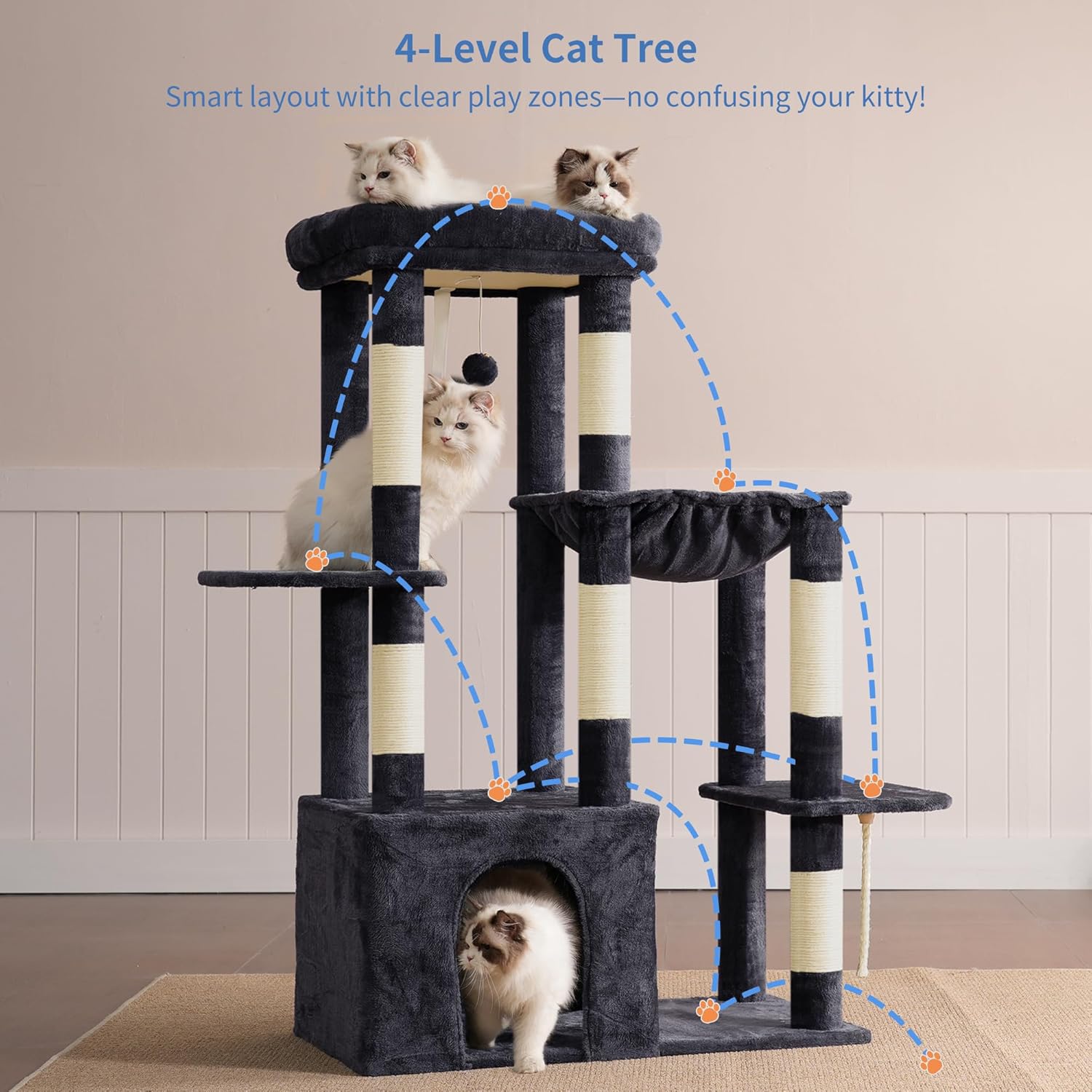 Heybly Heavy Duty Cat Tree, Tower for Indoor Cats large adult, Tall Cat Condo House with Extra-Large Baseboard, Multi-Level Plush Furniture with Scratching Posts, Hammock,Toy Balls, Smoky Gray HCT026G - Happypetzone.online - Image 2