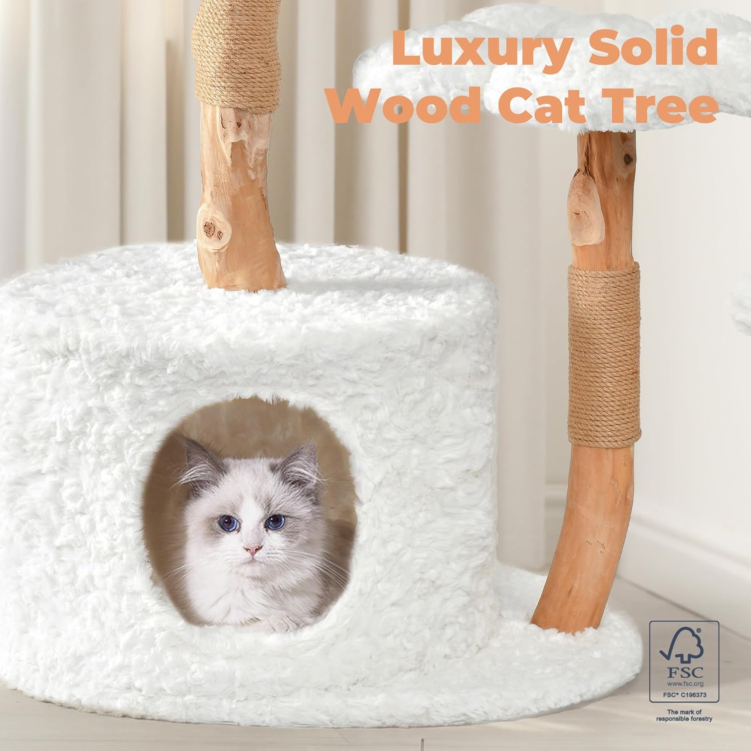 Easyego Modern Cat Tree, 39.9" Aesthetic Wood Cat Tree Tower for Large Cats, Luxury Cat Condo with Scratching Posts and Flower Platforms, Cat Furniture, White - Happypetzone.online - Image 2