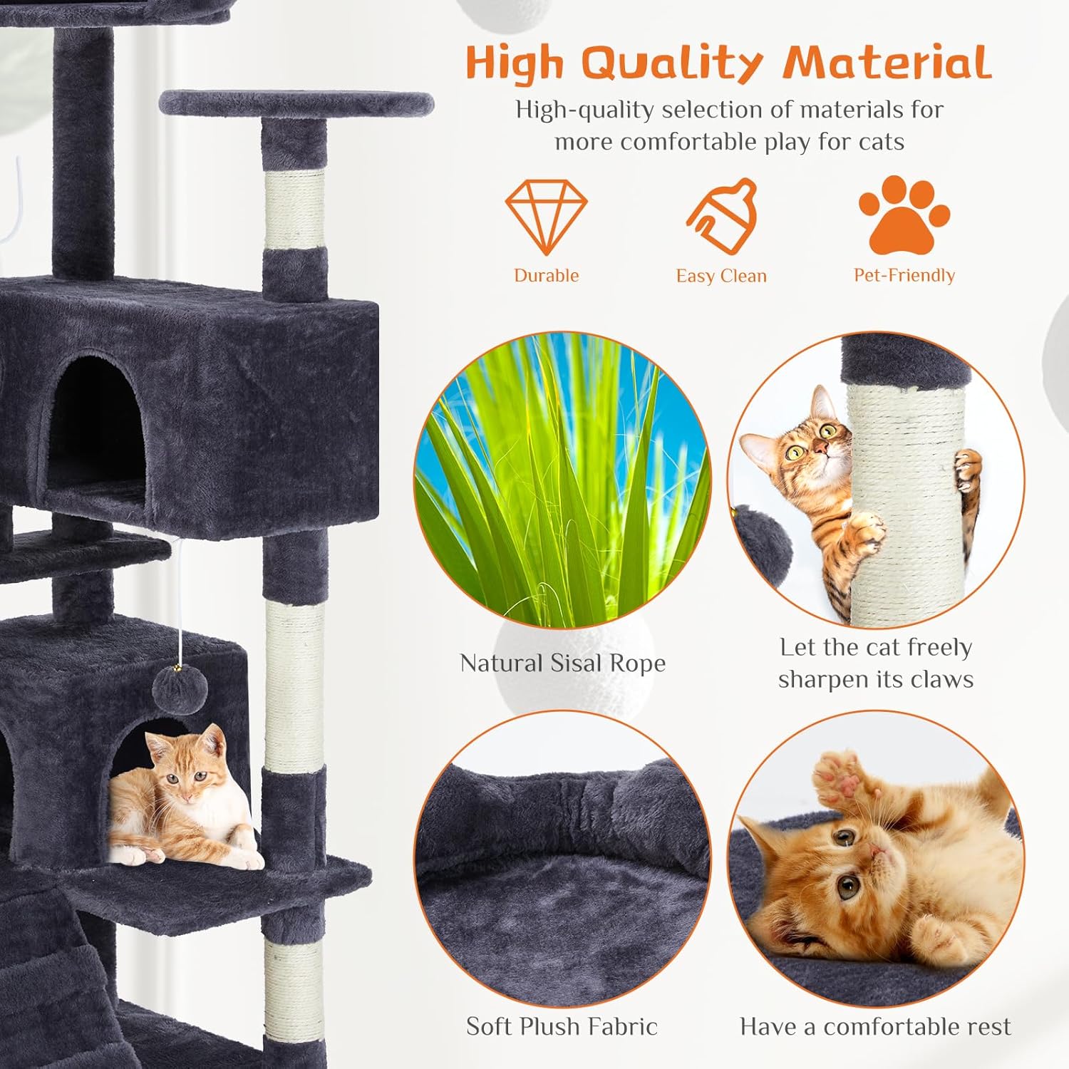 Sweetcrispy 54 Inch Cat Tree Tower, Multi-Level Tower with Cat Scratching Post, Indoor Cat Condo with Climbing Ladder, Plush Toy, Play House for Cat, Dark Grey - Happypetzone.online - Image 5