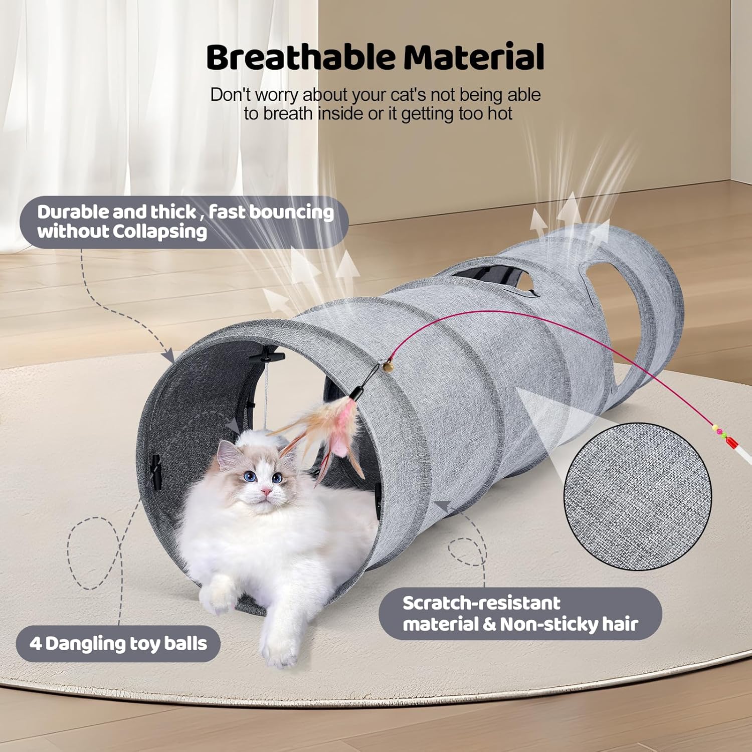 Cat Tunnel, 3 Straight Shaped Tunnels 6 DIY Shapes with Wand Toys, No Noise Scratch Resistant Cool Linen Fabric, Interactive Pet Tunnel Tube for Indoor Cats, Puppy and Rabbits - Happypetzone.online - Image 5