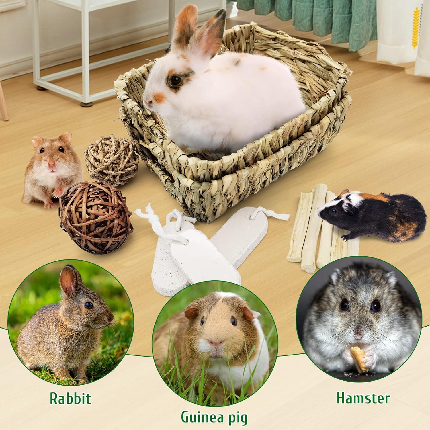Hamiledyi Rabbit Grass Bed for Bunny, 12 Pcs Pet Bunny Chew Toys Natural Hand-Made Woven Hay Mat Hamster Grass Basket Small Animals Bedding for Guinea Pig Chinchilla Ferret Gerbil Rat - Happypetzone.online - Image 7