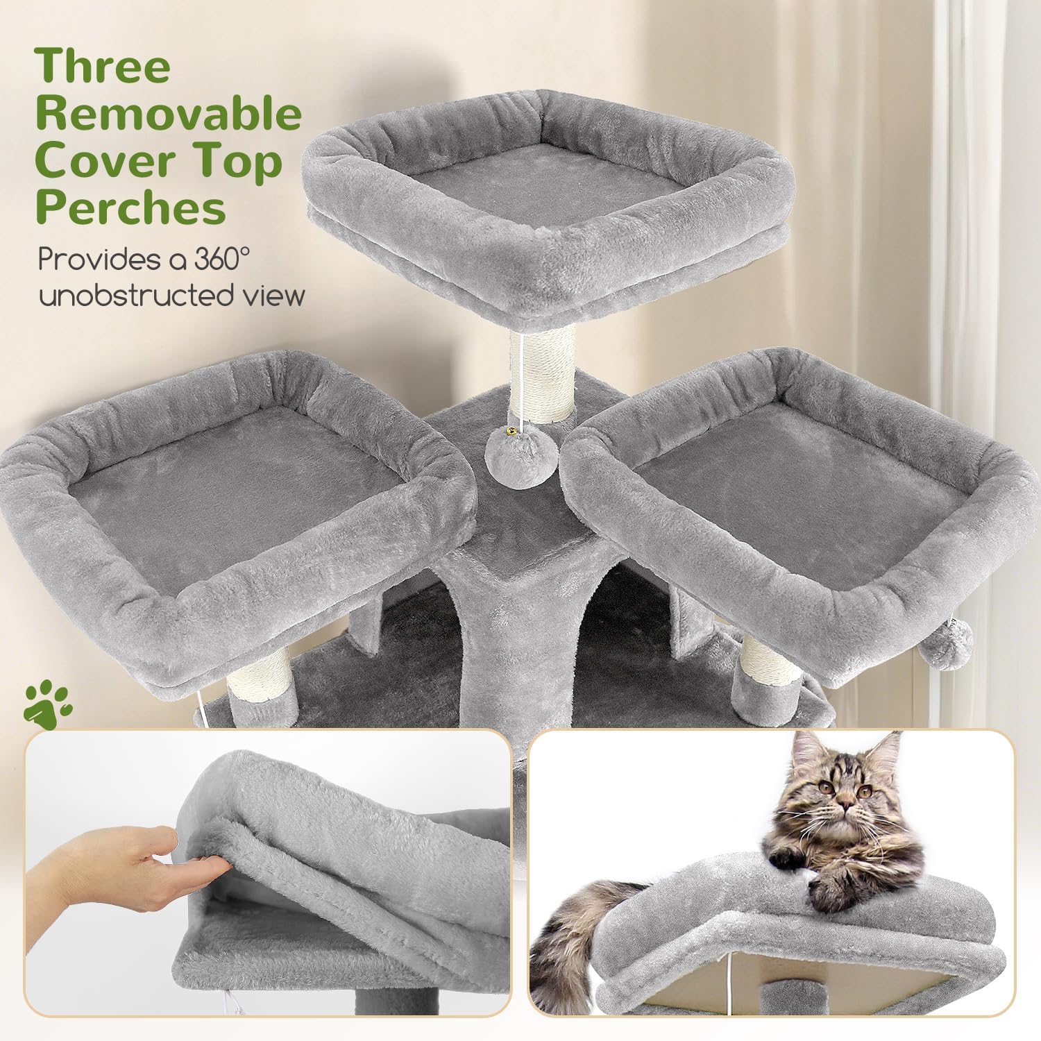 Globlazer Cat Trees and Towers for Multiple Adult Cats, 82-inch XXL Tall Cat Tree Tower for Indoor Cats with Scratching Post, 3 Perches, 2 Condos, 2 Hanging Baskets, F82, Light Grey - Happypetzone.online - Image 3