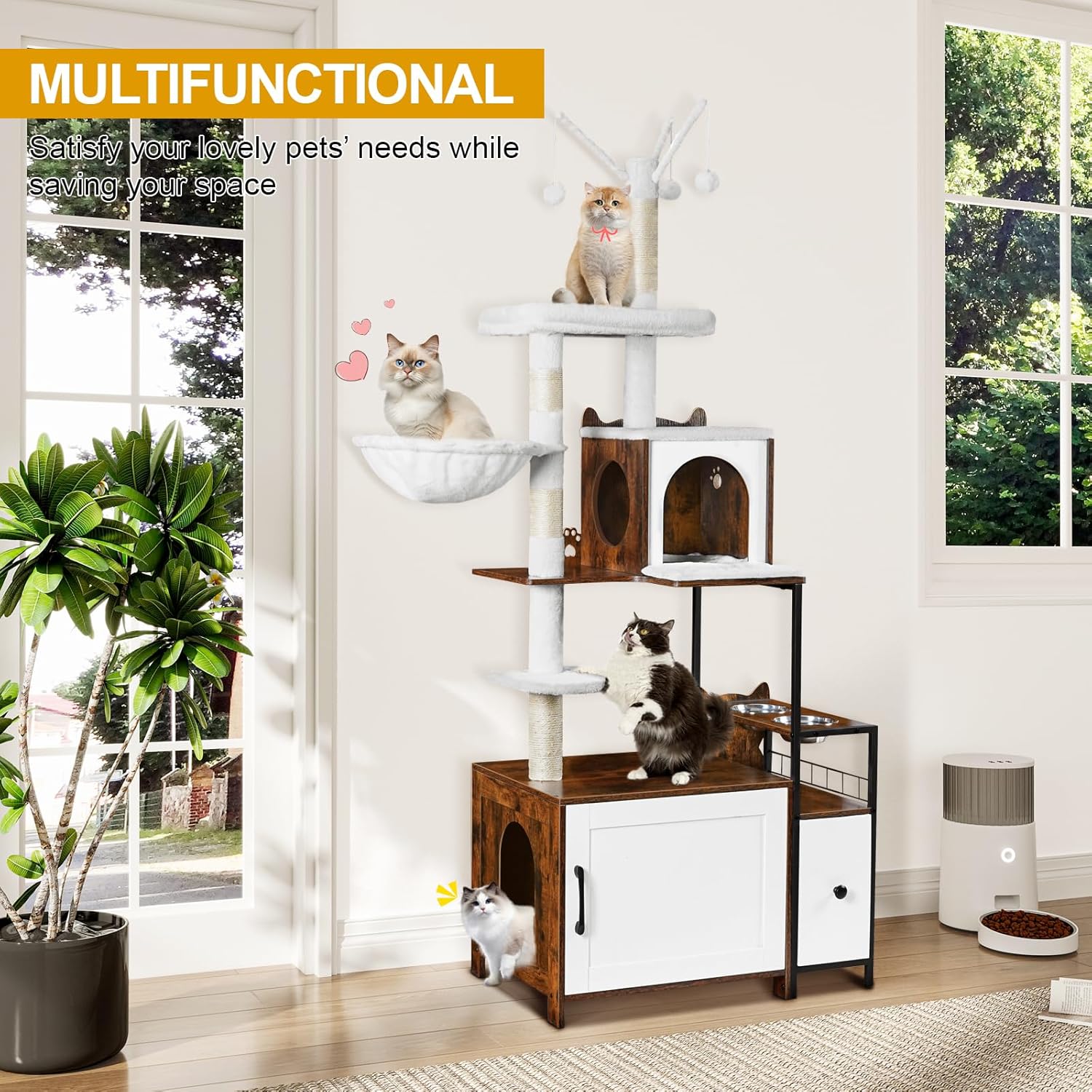 Snughome Cat Tree with Litter Box Enclosure, 3-in-1 Modern Cat Tower for Indoor Cats, 67.32’’ Hidden Cat Litter Box Furniture with Cat Condo, Food Station and Hammocks, All-in-one Cat Furniture - Happypetzone.online - Image 3