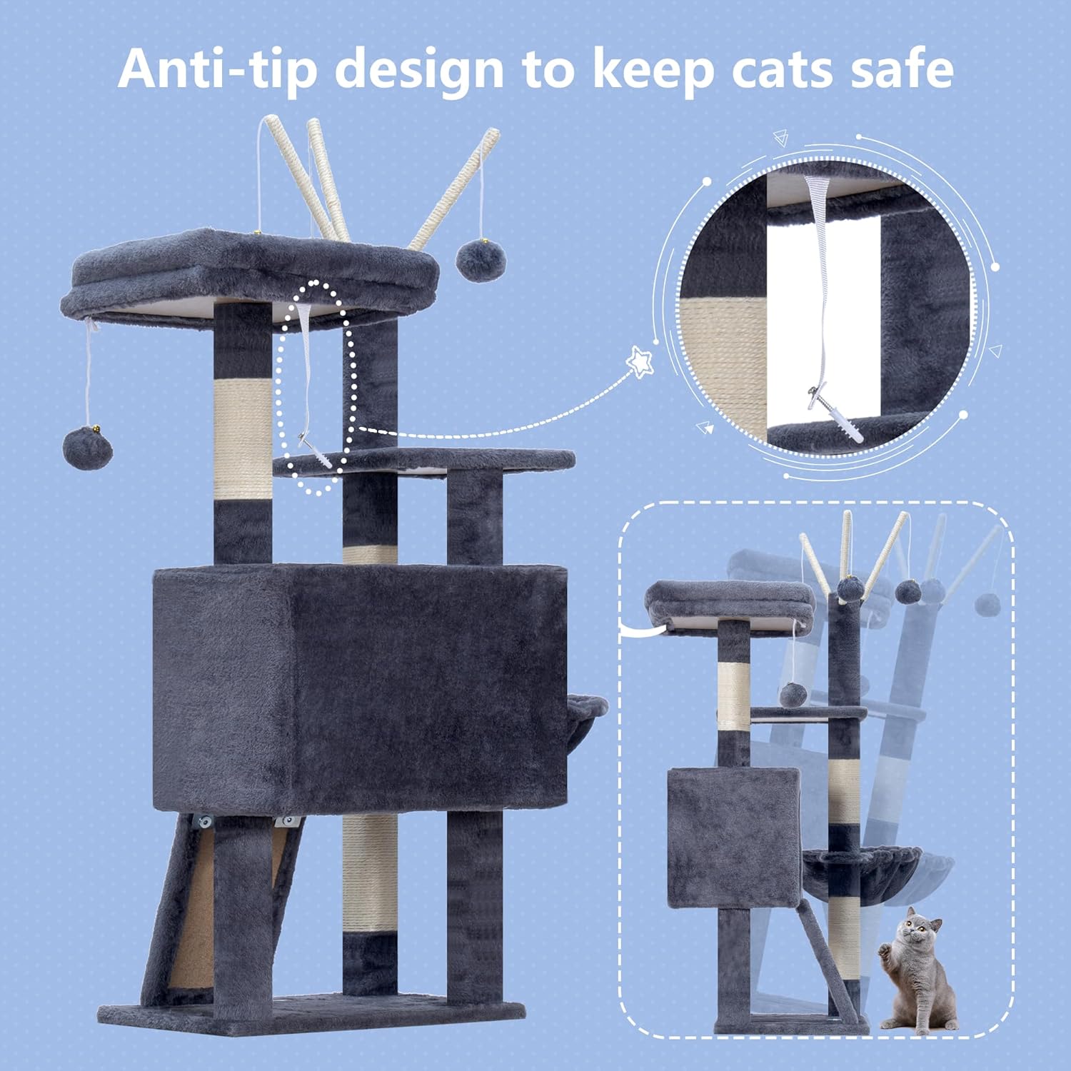 Hey-brother Cat Tree Tower, Scratching Posts with Removable Toys, Cozy Condo, Platform, Hammock, Sisal Scratch Board and Ball for Indoor Kittens, 41.3 Inches, Smoky Gray MPJ008SG - Happypetzone.online - Image 9