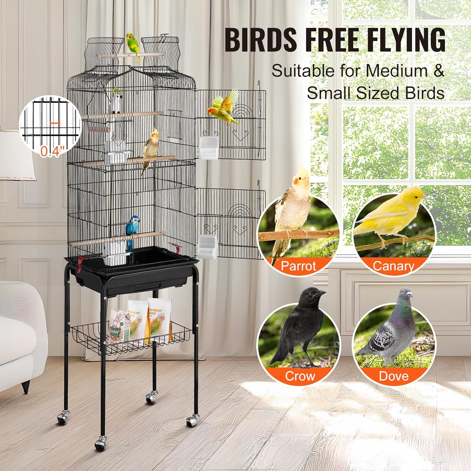 VEVOR 64-inch Open Top Large Parrot Bird Cage with Detachable Rolling Stand for Parakeets Finches Canaries Lovebirds Cockatiels Budgies Small Quaker Conures Flight Birdcage with Swing and Perch - Happypetzone.online - Image 3