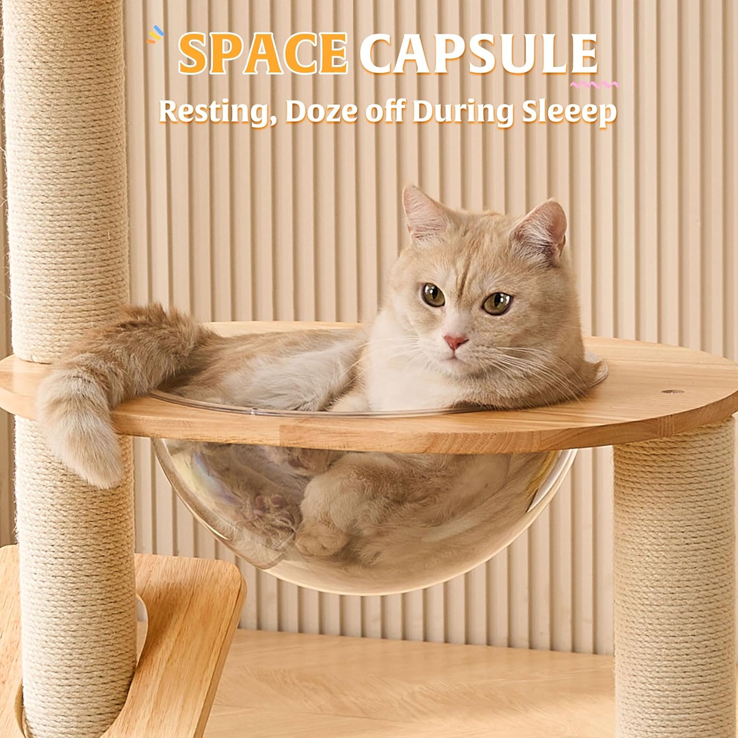 HITTITE Solid Wood Cat Tree Tower with Scratching Post, 37.8 Inches Tall Cat Towers with Scratching Board and Scratcher Ball, Modern Cat Tower With Space Capsule and Removable Top Bed for Indoor Cats. - Happypetzone.online - Image 5