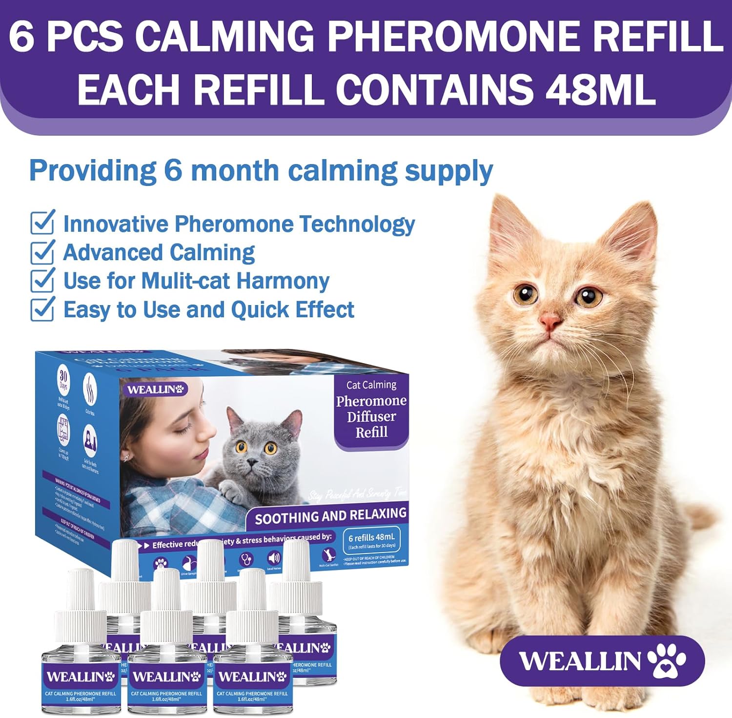 WEALLIN 6 Pack Cat Calming Diffuser Refills - Cat Pheromones Calming Diffuser Refill Relieve Anxiety & Stress 6 Month Supply, Cat Pheromone Diffuser Refills (Fits All Common Diffuser Heads) - Happypetzone.online - Image 2