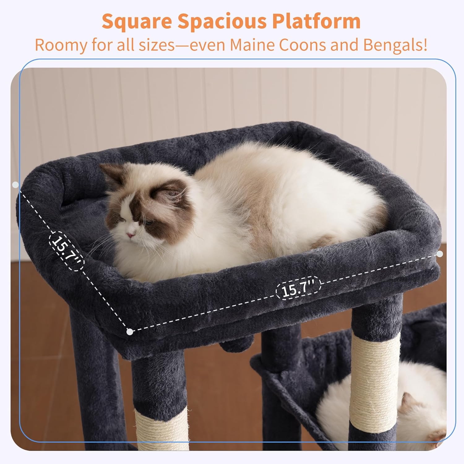 Heybly Heavy Duty Cat Tree, Tower for Indoor Cats large adult, Tall Cat Condo House with Extra-Large Baseboard, Multi-Level Plush Furniture with Scratching Posts, Hammock,Toy Balls, Smoky Gray HCT026G - Happypetzone.online - Image 3