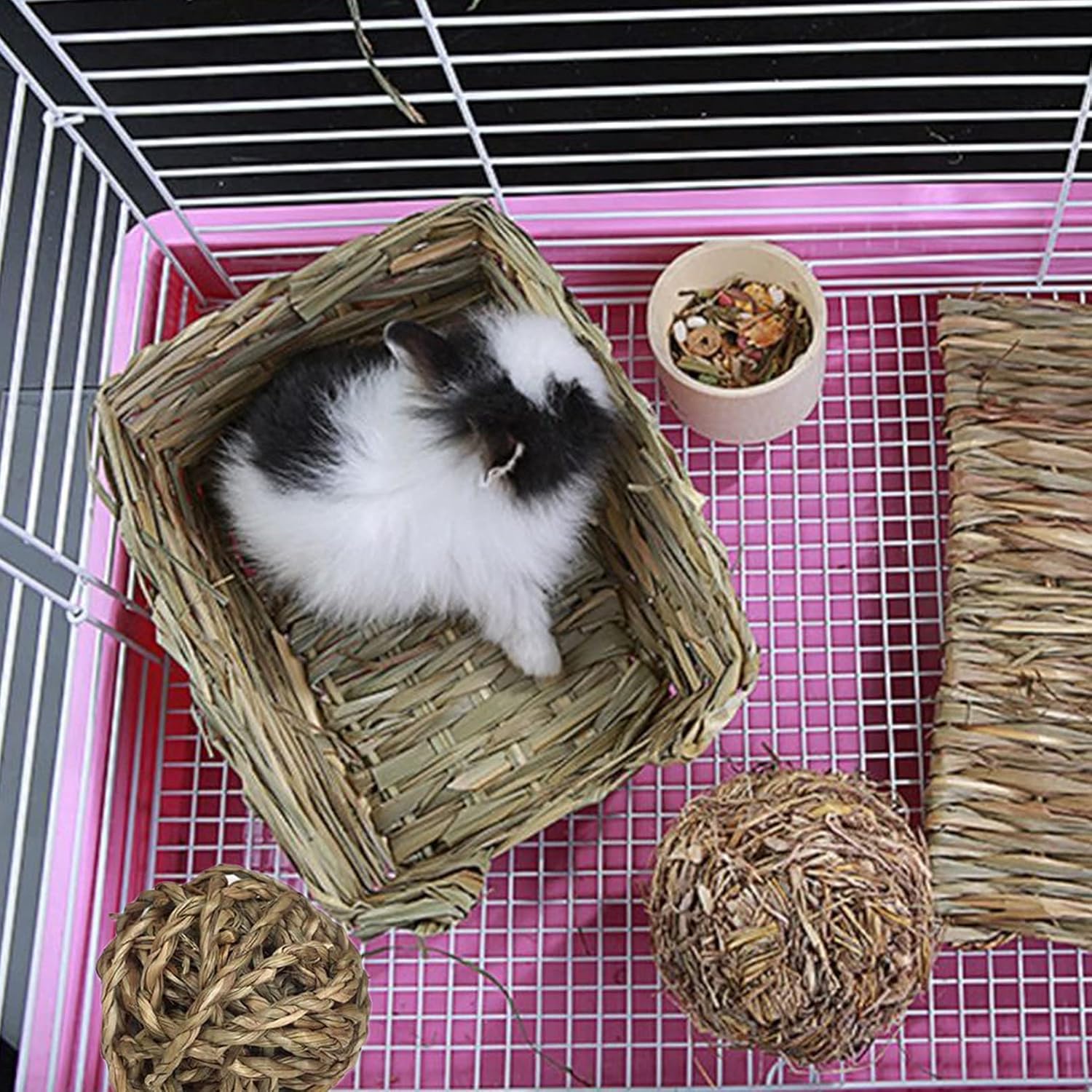 Hamiledyi Rabbit Grass Bed for Bunny, 21 Pcs Rabbit Chew Toys for Teeth Grinding Sweet Bamboo Timothy Stick Woven Grass Ball Pine Cone Natural Straw Bedding for Guinea Pig Hamster Chinchilla - Happypetzone.online - Image 4