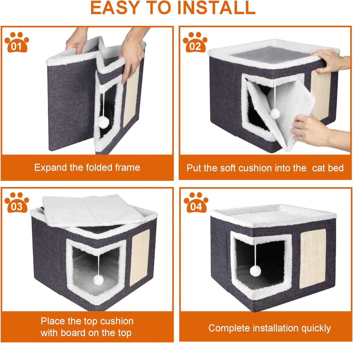 Loyareal Cat Houses for Indoor Cats - Large Cat Bed Cave with Scratch Pad and Fluffy Ball, Foldable Cat Condo Hideaway with Reversible Cushion for Multi Small Pet, Dark Grey - Happypetzone.online - Image 6