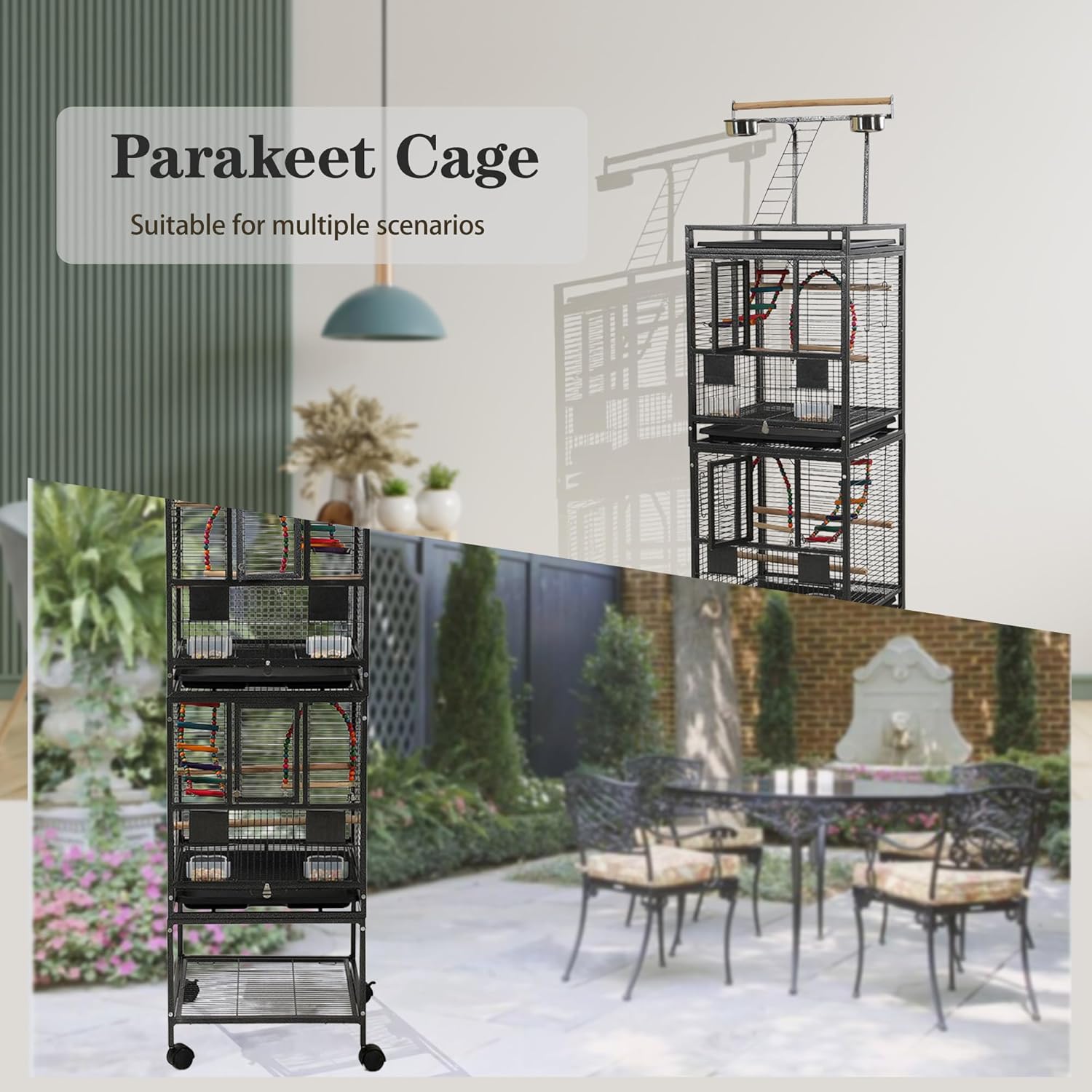 68" Double Bird Cage,Stackable Divided Parakeet Cage, Parrot Cages for Medium Birds with Bird cage Toys,Birdcage Seed Catcher,for Cockatiels Canaries Lovebirds Finches Budgies Small Parrots - Happypetzone.online - Image 8