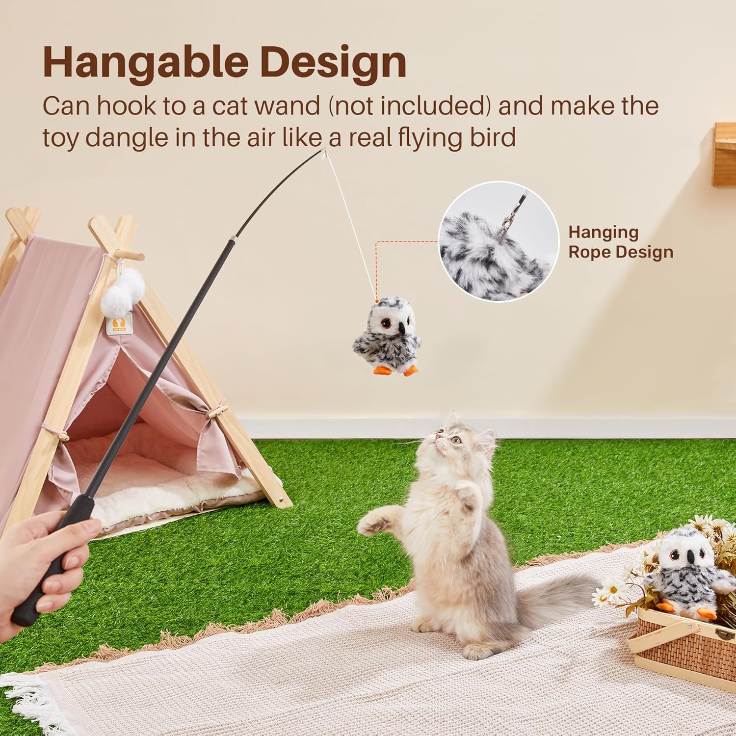 Potaroma Flapping Owl Cat Toys (No Flying), Lifelike Bird Chirp, Rechargeable Touch Activated Kitten Toy, Interactive Catnip Kicker Exercise Toys 4.0" for All Breeds - Happypetzone.online - Image 6