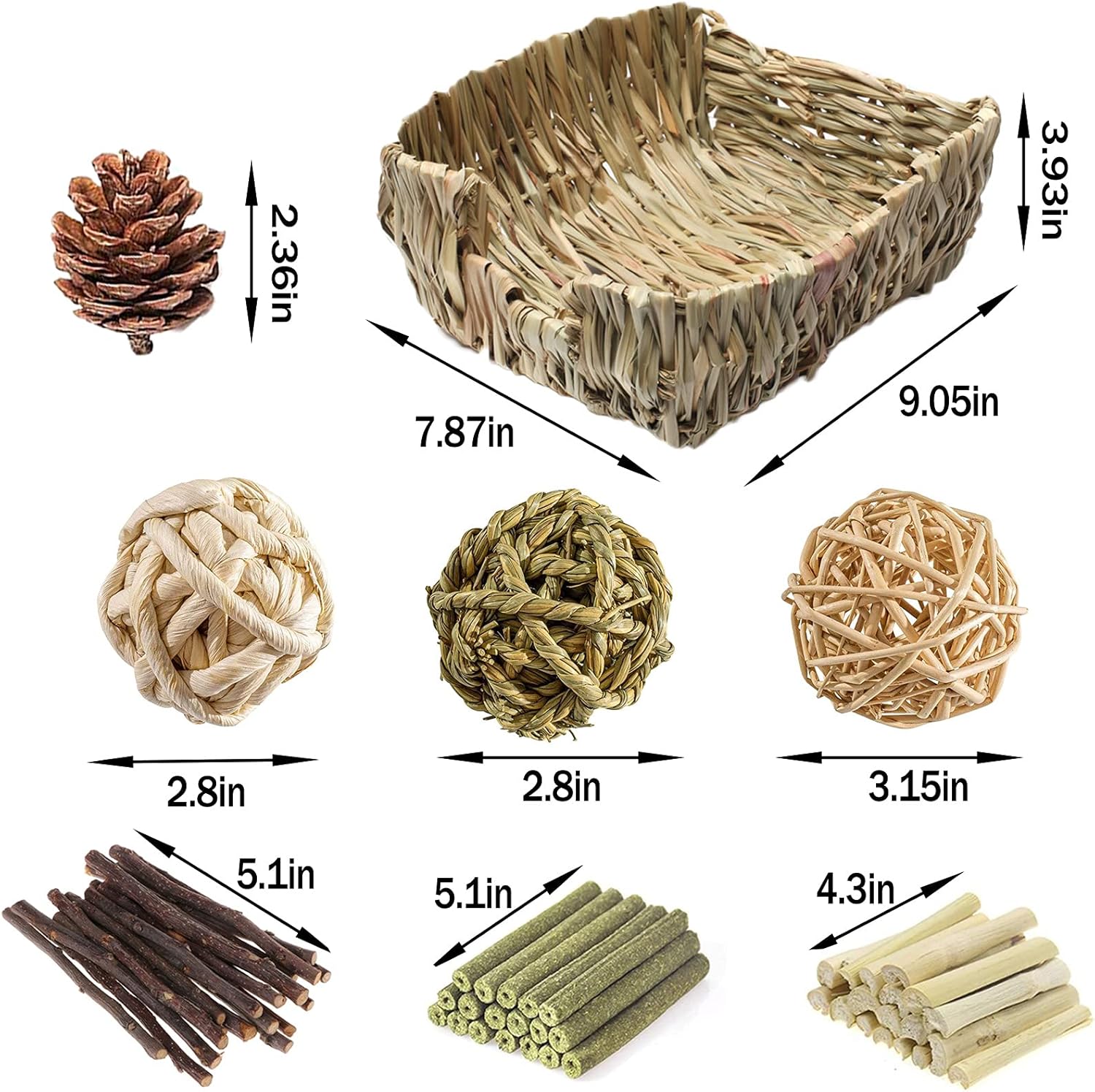 Hamiledyi Rabbit Grass Bed for Bunny, 21 Pcs Rabbit Chew Toys for Teeth Grinding Sweet Bamboo Timothy Stick Woven Grass Ball Pine Cone Natural Straw Bedding for Guinea Pig Hamster Chinchilla - Happypetzone.online - Image 7