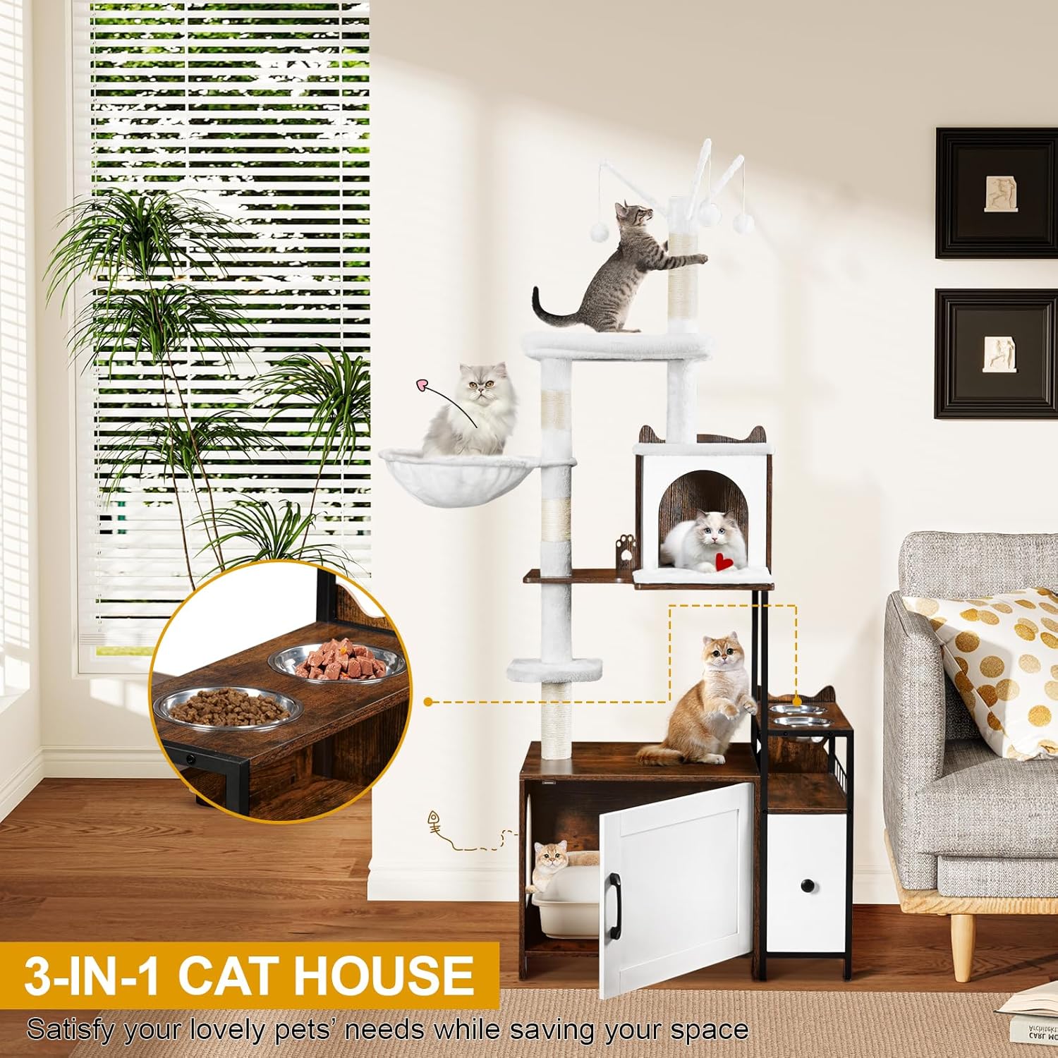 Snughome Cat Tree with Litter Box Enclosure, 3-in-1 Modern Cat Tower for Indoor Cats, 67.32’’ Hidden Cat Litter Box Furniture with Cat Condo, Food Station and Hammocks, All-in-one Cat Furniture - Happypetzone.online - Image 2