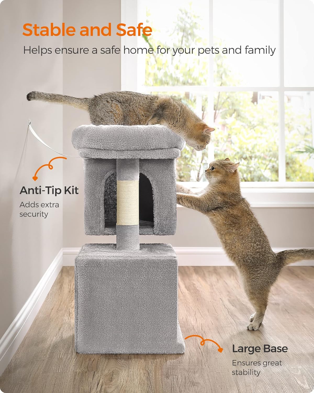 Feandrea Cat Tree, 26.4-Inch Cat Tower, Plush Condo for Kittens up to 7 lb, Large Perch, 2 Caves, Scratching Post, Light Gray UPCT611W01 - Happypetzone.online - Image 8