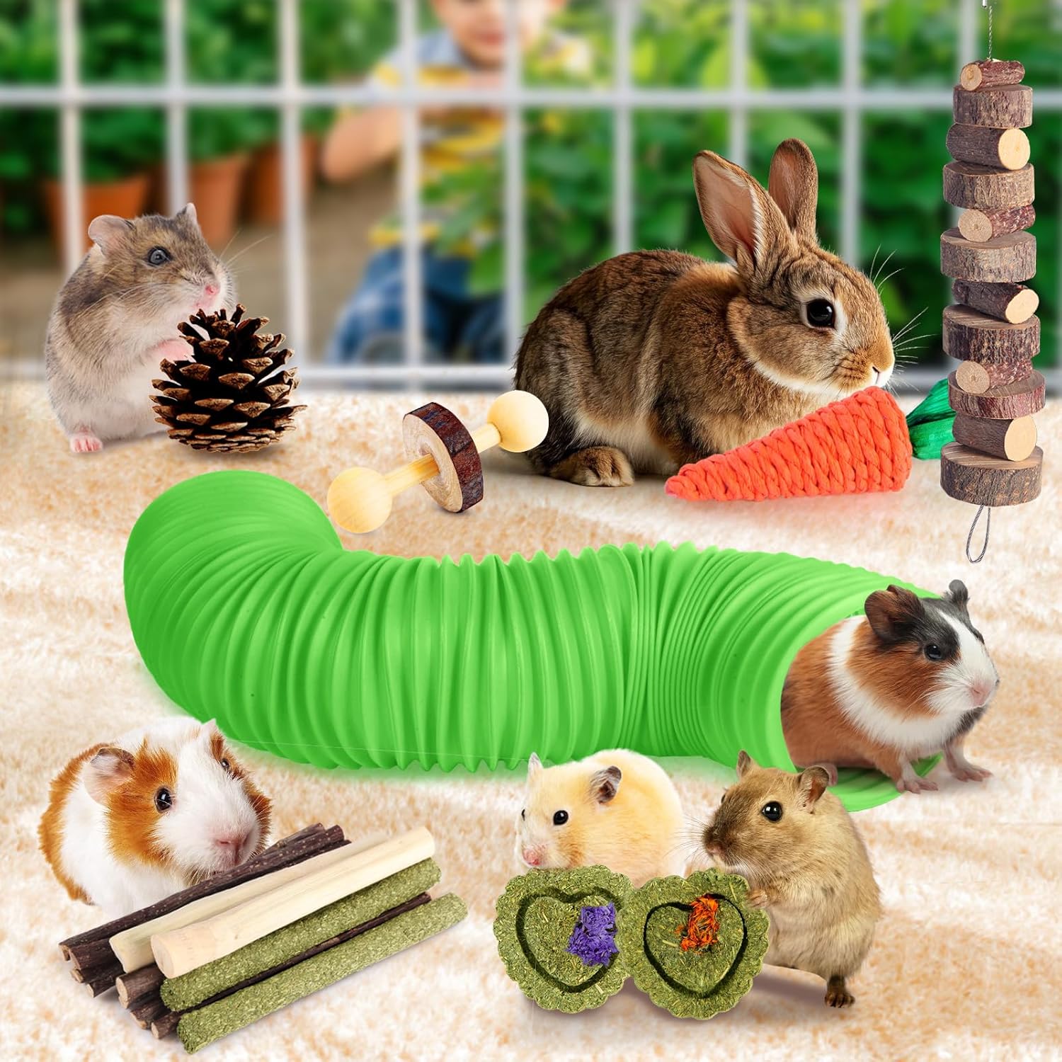 Kyouki Hamster Toys Guinea Pig Toys Set with Tunnel, Chewable Apple Wood & Natural Timothy Hay - Enrichment Chew Toys for Small Animals - 24+ Cage Accessories for Teeth Care & Boredom Relief (Green) - Happypetzone.online - Image 2