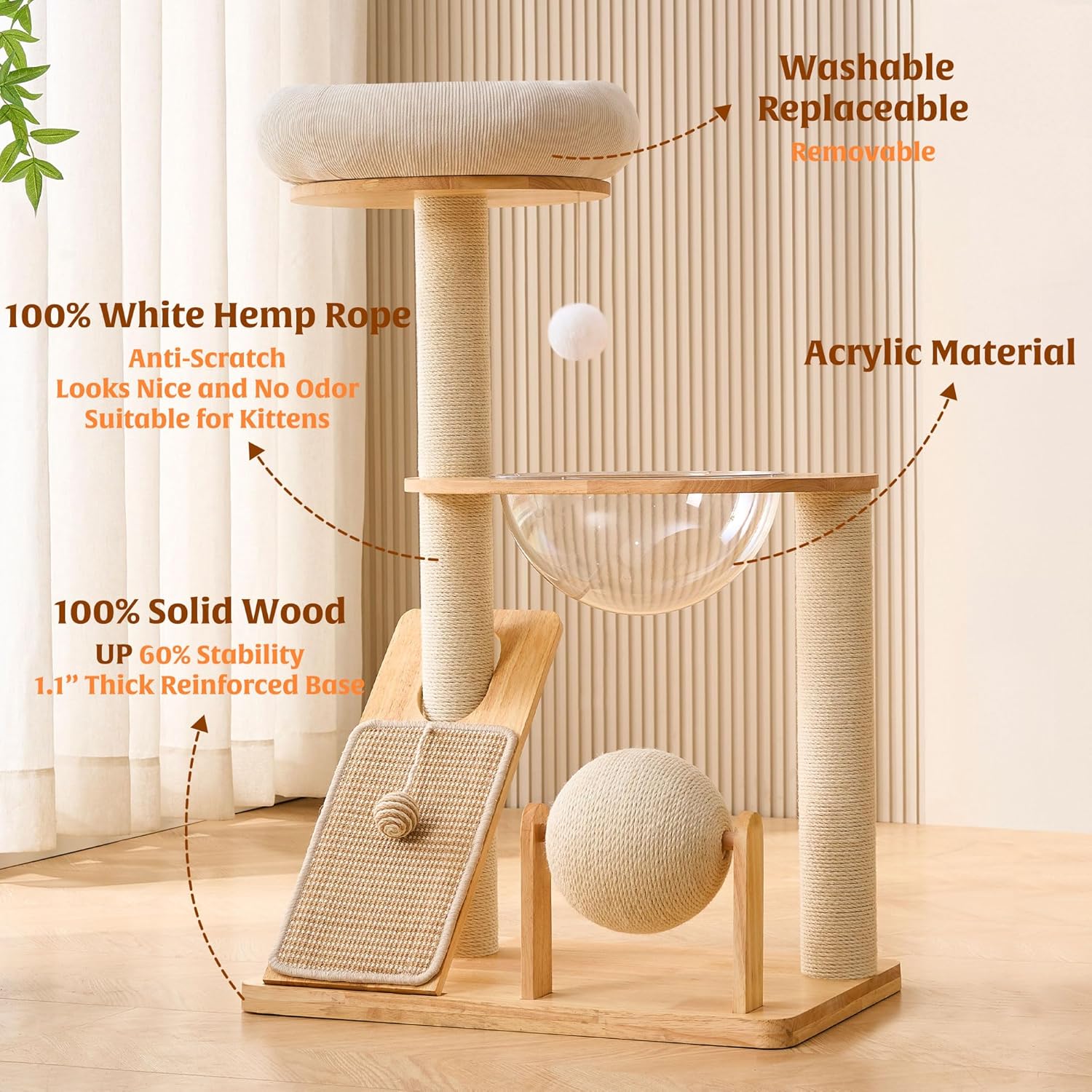 HITTITE Solid Wood Cat Tree Tower with Scratching Post, 37.8 Inches Tall Cat Towers with Scratching Board and Scratcher Ball, Modern Cat Tower With Space Capsule and Removable Top Bed for Indoor Cats. - Happypetzone.online - Image 3