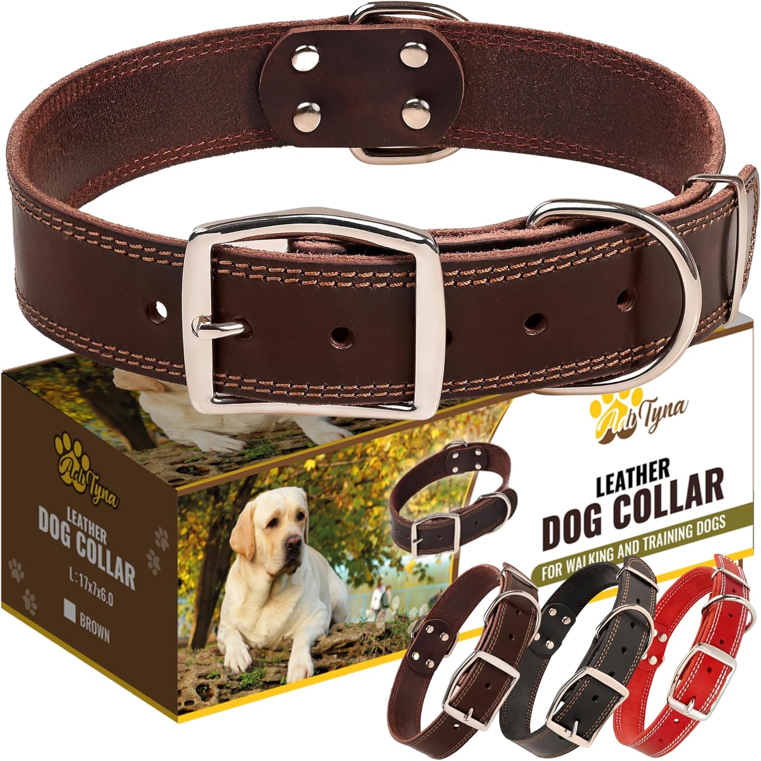 ADITYNA Heavy Duty Leather Dog Collar for Large Dogs - Soft and Strong Leather Collar for Walking, Training, Hunting, and Running (Large: Fit 17" - 23" Neck, Brown) - Happypetzone.online - Image 6