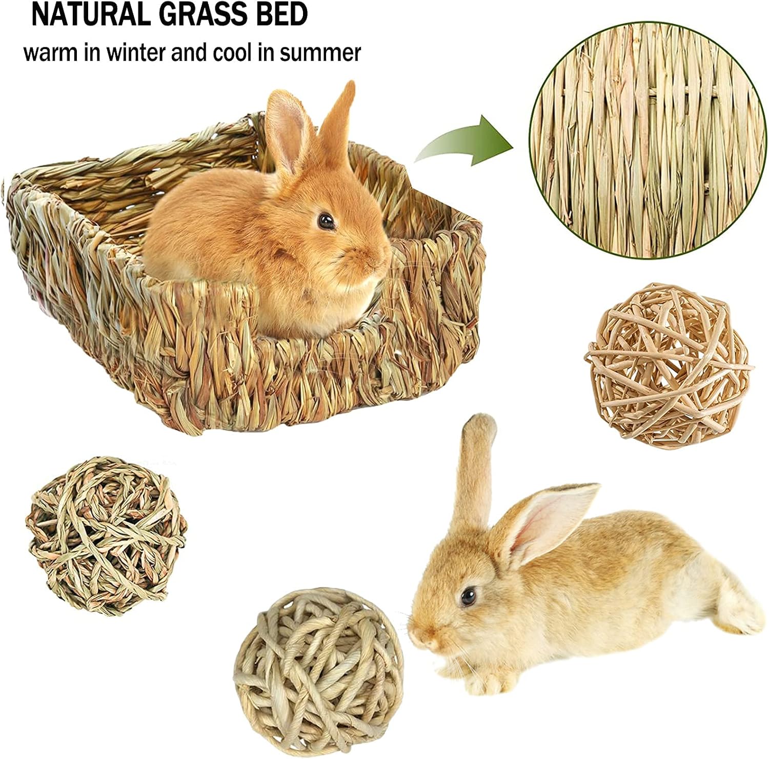 Hamiledyi Rabbit Grass Bed for Bunny, 21 Pcs Rabbit Chew Toys for Teeth Grinding Sweet Bamboo Timothy Stick Woven Grass Ball Pine Cone Natural Straw Bedding for Guinea Pig Hamster Chinchilla - Happypetzone.online - Image 3