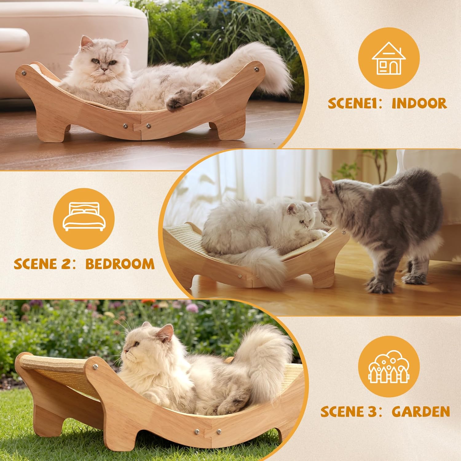 Natural Sisal Cat Scratcher Bed for Indoor Cats Scratching Post Hammock Lounge with Oak Frame, Wooden Cat Furniture for Large Cats, Modern Scratcher - Happypetzone.online - Image 5