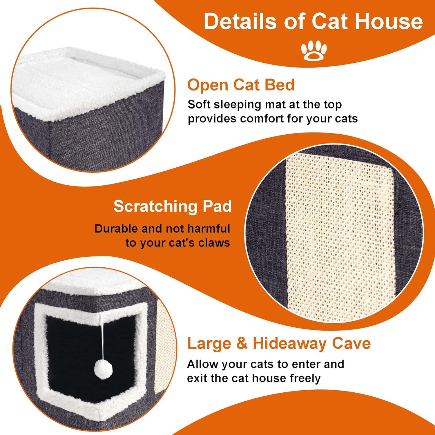 Loyareal Cat Houses for Indoor Cats - Large Cat Bed Cave with Scratch Pad and Fluffy Ball, Foldable Cat Condo Hideaway with Reversible Cushion for Multi Small Pet, Dark Grey - Happypetzone.online - Image 4