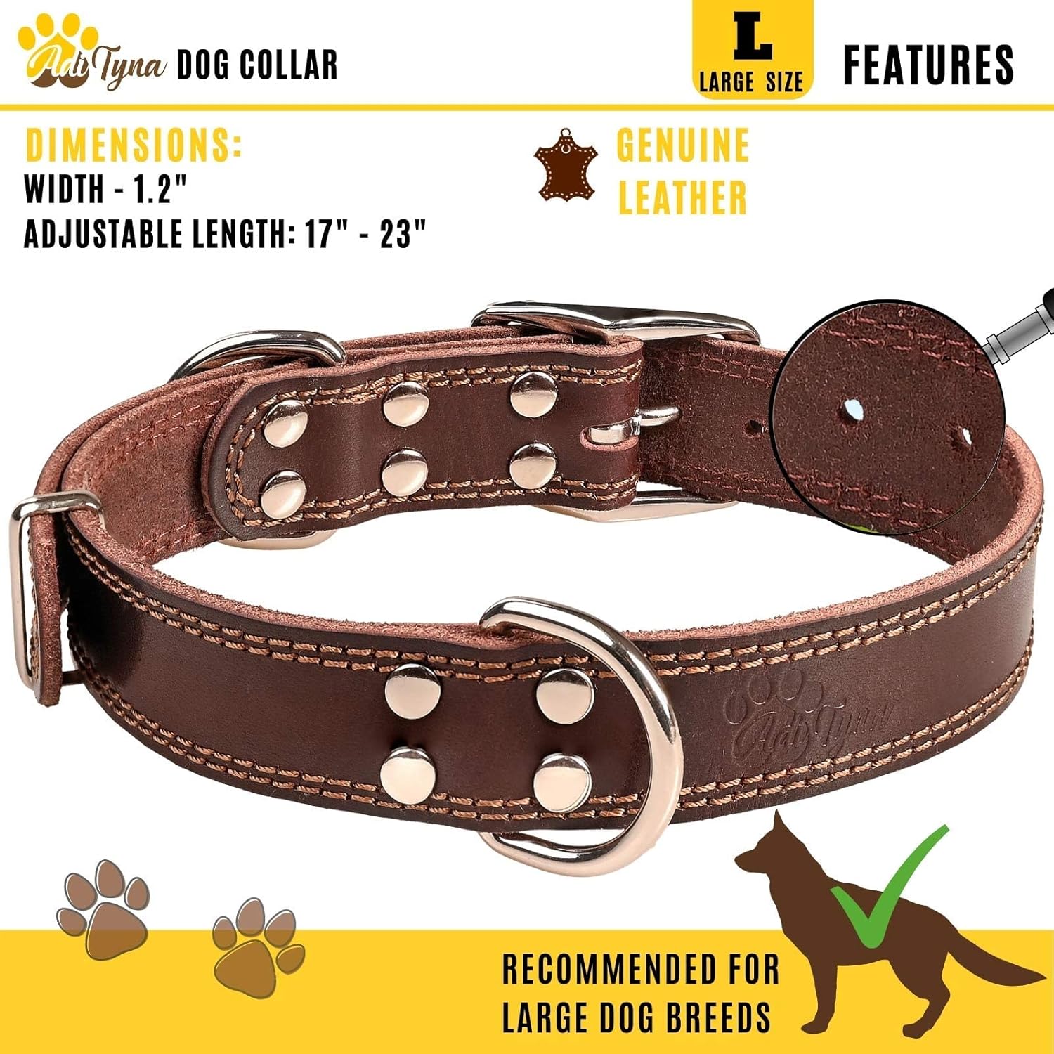 ADITYNA Heavy Duty Leather Dog Collar for Large Dogs - Soft and Strong Leather Collar for Walking, Training, Hunting, and Running (Large: Fit 17" - 23" Neck, Brown) - Happypetzone.online - Image 4